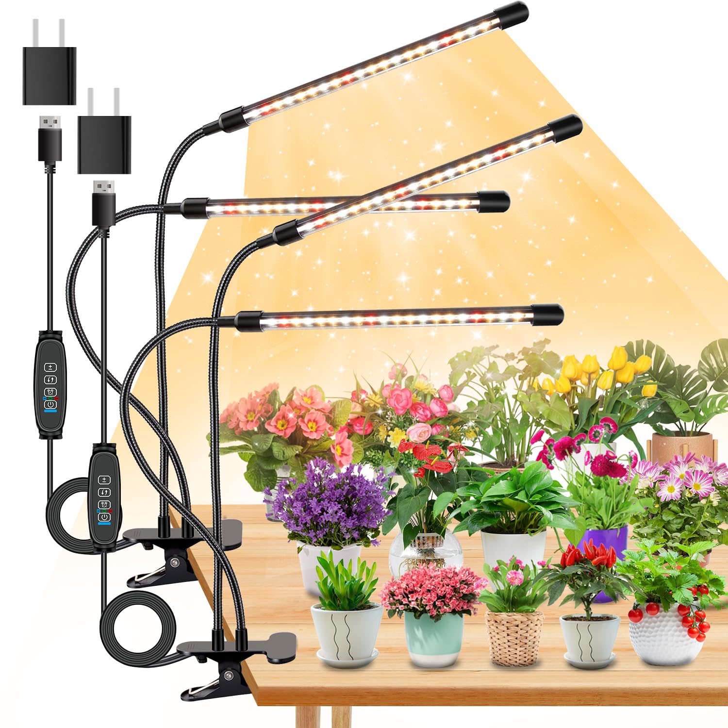 SDOVUERC 4 Heads Grow Lights for Indoor Plants, Full Spectrum LED Plant Lamps with Clips and 120 inch Cables for Seeding Growing