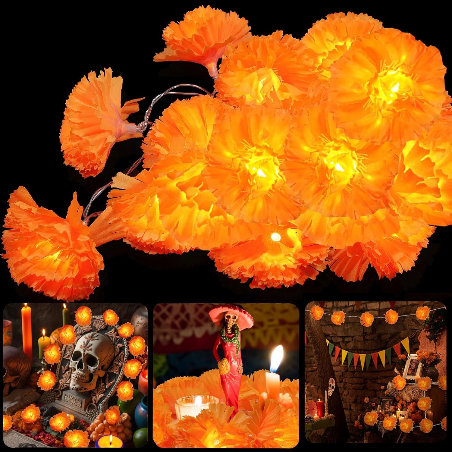 Tcevily 1 Pack Lighted Marigold Garland 10 LED Artificial Marigold Flowers String Lights Dia de Los Muertos Decorations for Hall