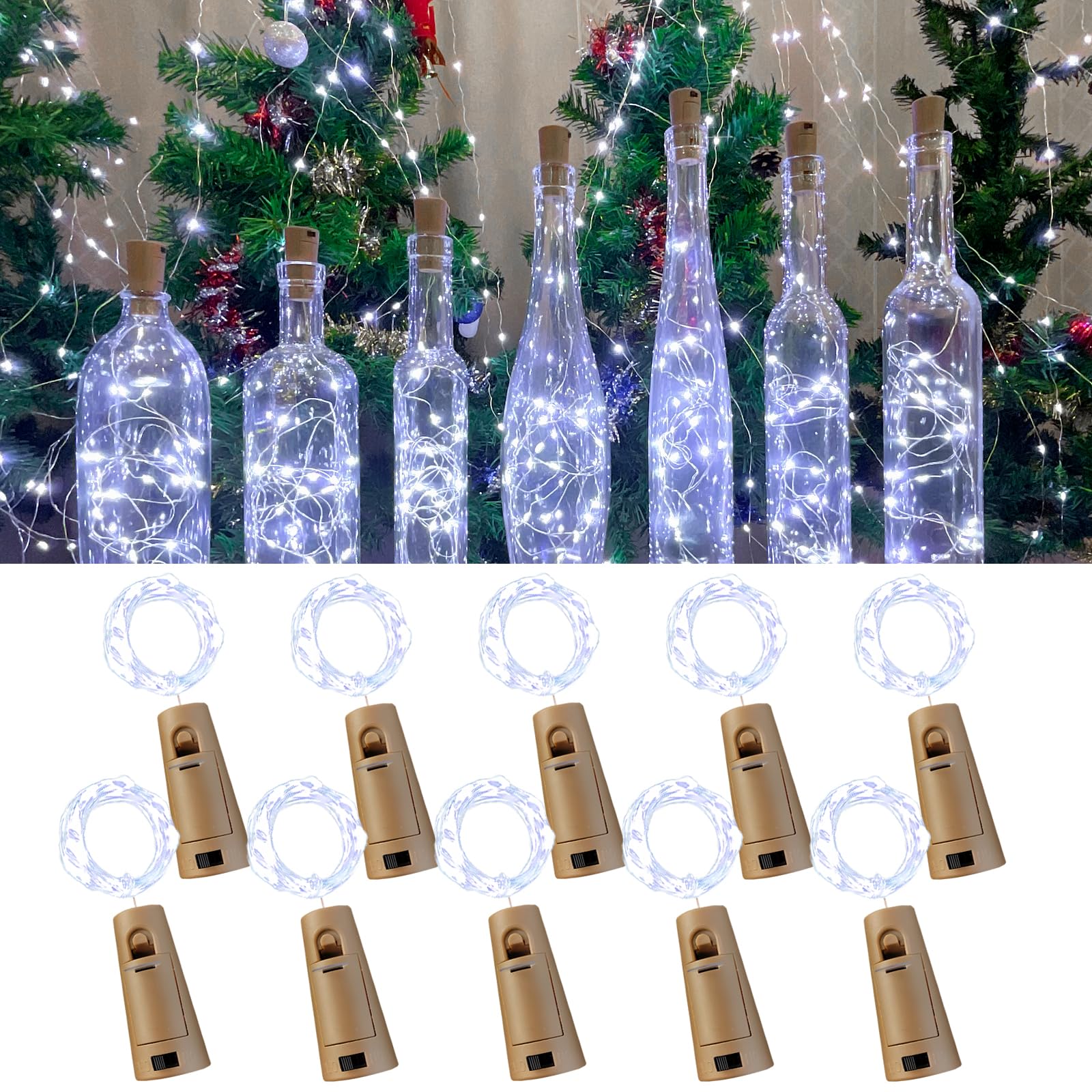 Etinga Wine Bottle Lights with Cork, 20 LEDs 6.6 Feet Silver Wire Cork Bottle Lights,Fairy Mini String Lights,for DIY Jar Halloween,Christmas,Party,Decor,Wedding Listing (10 Pack, Cool White)