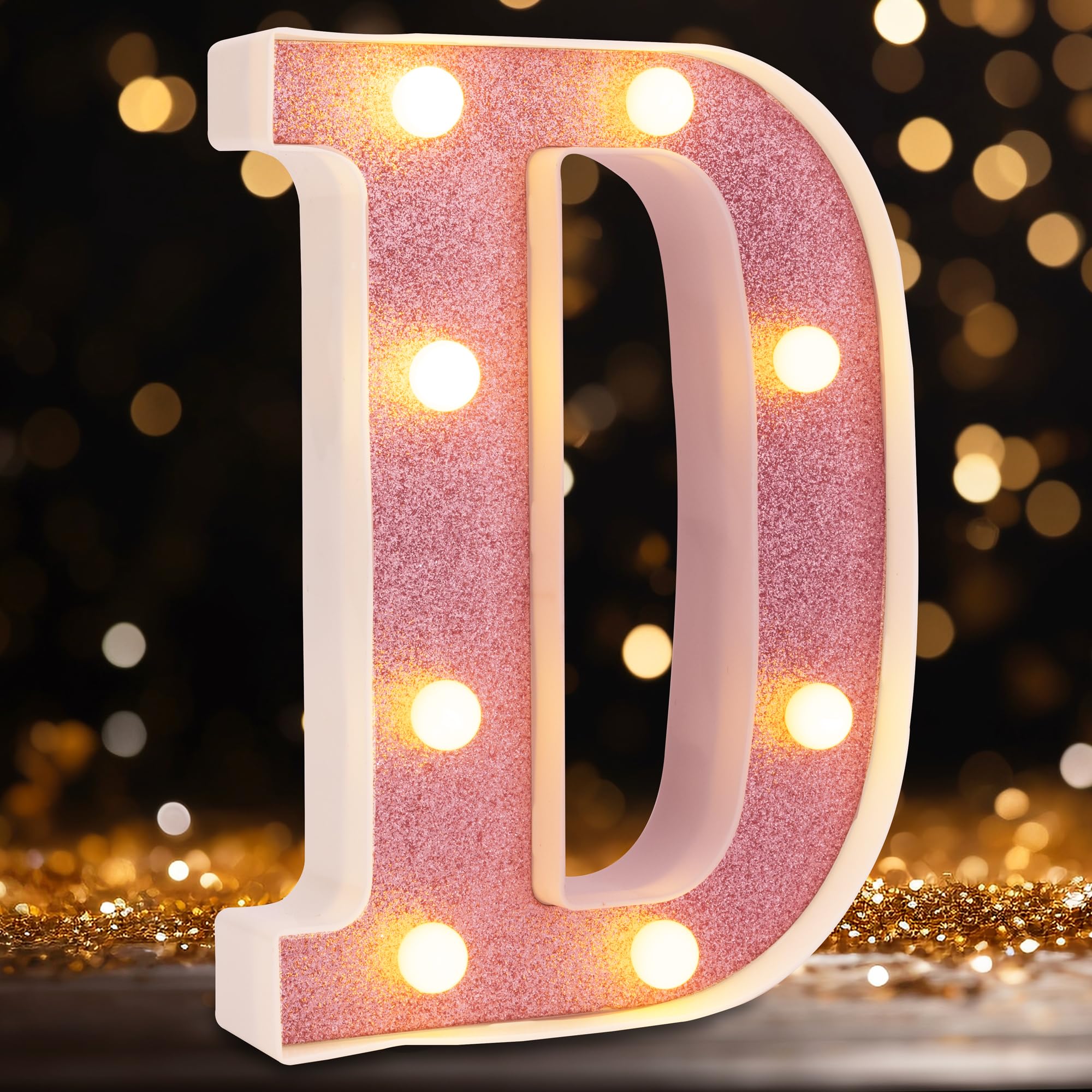 DyingSwan Small LED Marquee Letter D, 8.58 Inch Pink Glitter Lighted Sign, Battery Powered Plastic Decor for Parties and Events