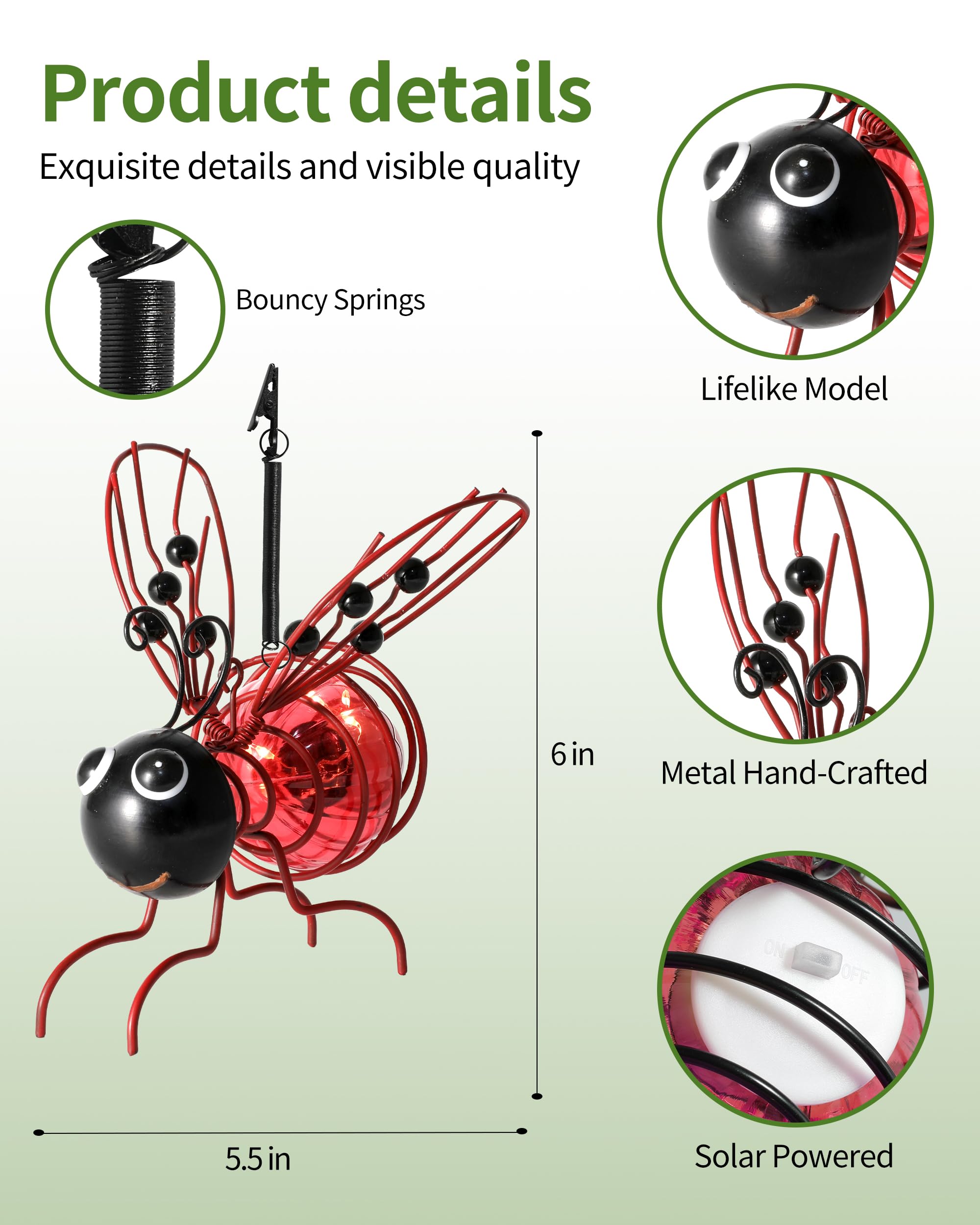 Istatue Solar-Powered Hanging Metal Ladybug Light Garden Decor | Lady Bug Sculpture With Bouncy Springs | Summer Outdoor Art Decorations (Red)