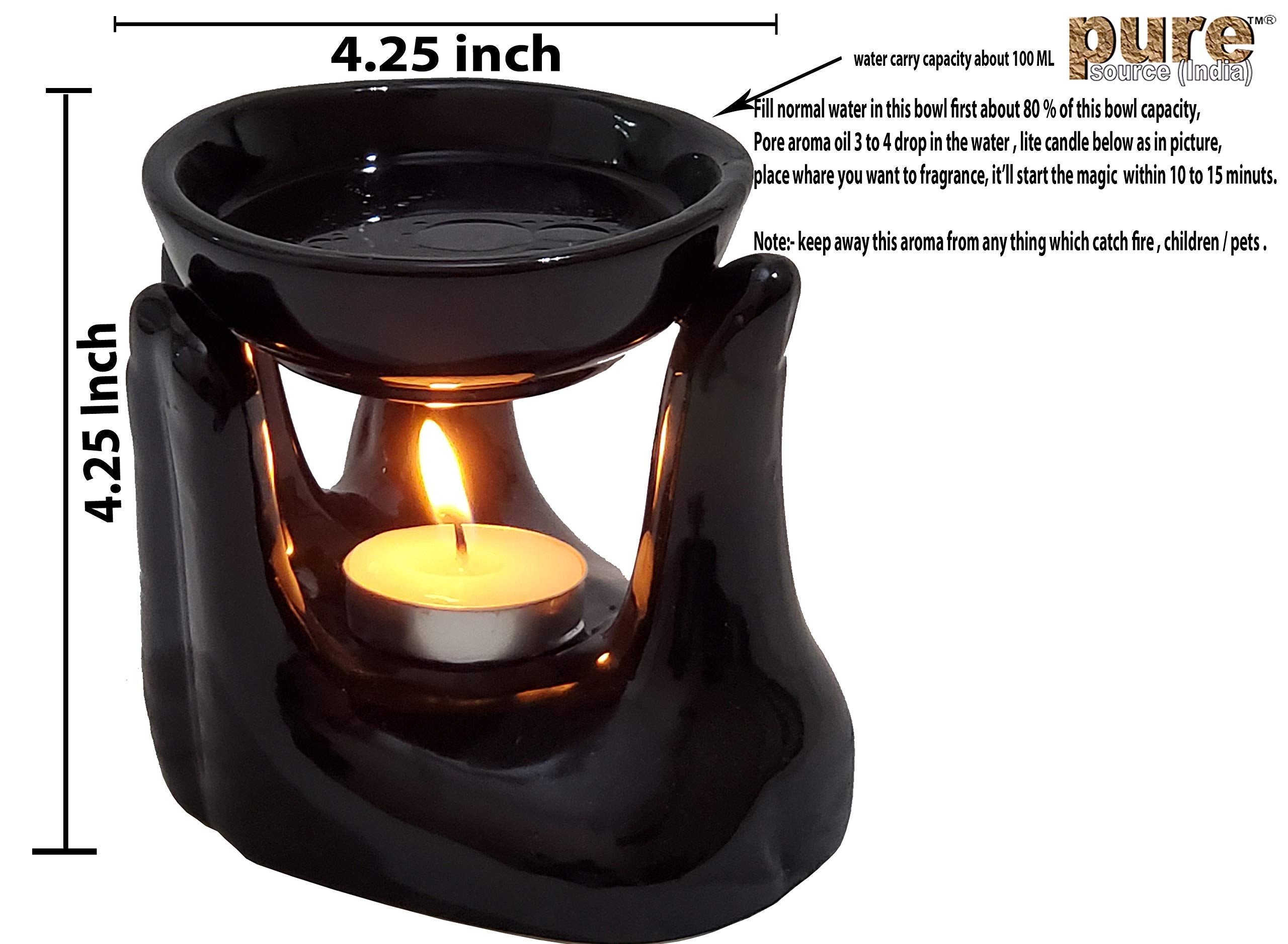 Pure Source India Oil Burner for Home, Office, with 1 Tea Light Candle, Made by Porcelain (Black)