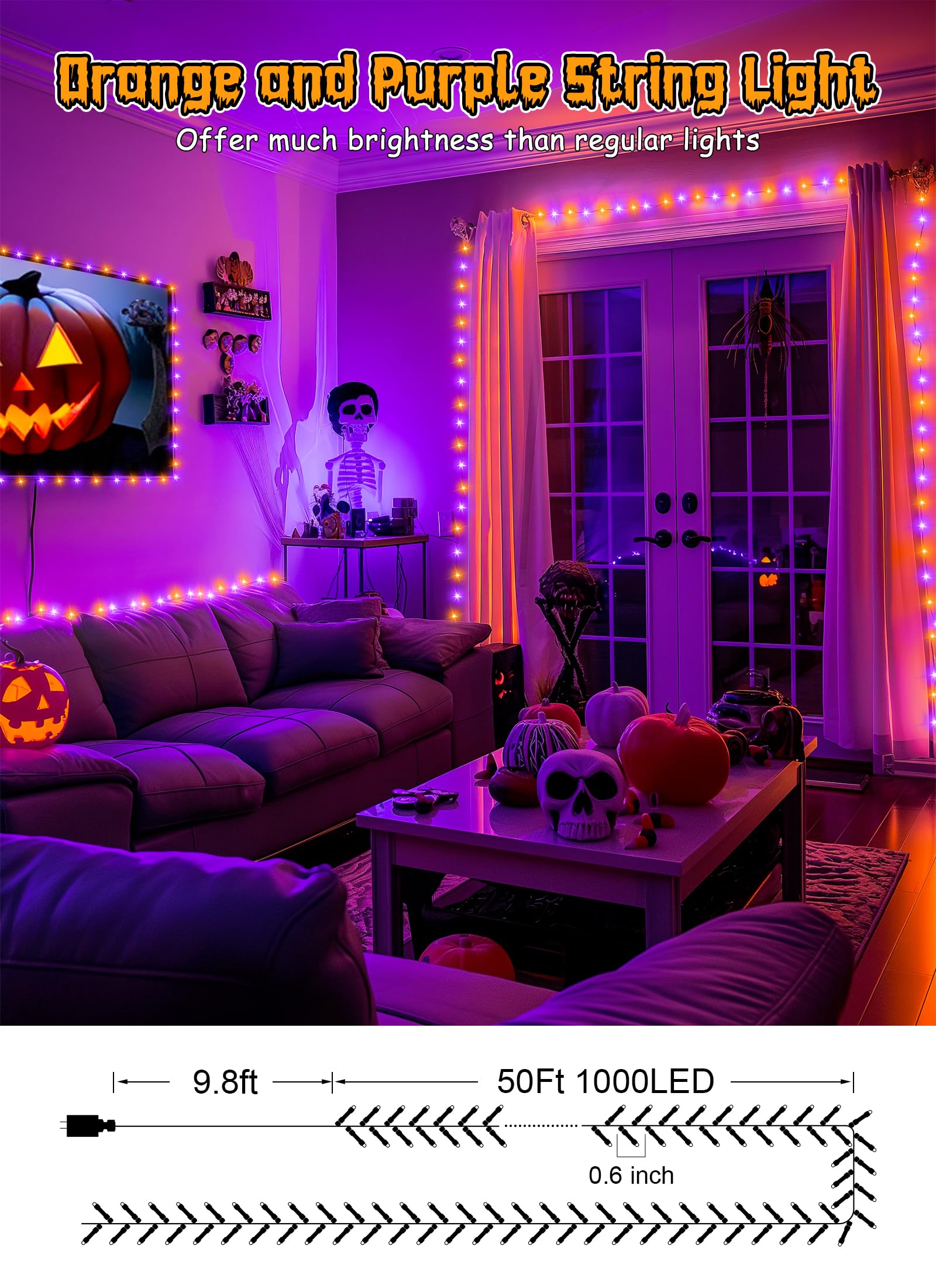 Brightown Halloween String Lights - 1000LED 50Ft Waterproof, 8 Modes, Remote Control, Orange & Purple Fariy Lights for Outdoor Decor