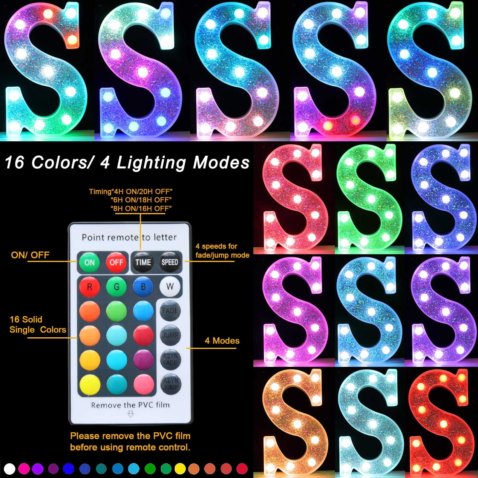 Pooqla LED Marquee Letter Light, Colorful Battery Operated Sign, Model S-RGB, 16 Colors, Silver for Birthday Party Decoration