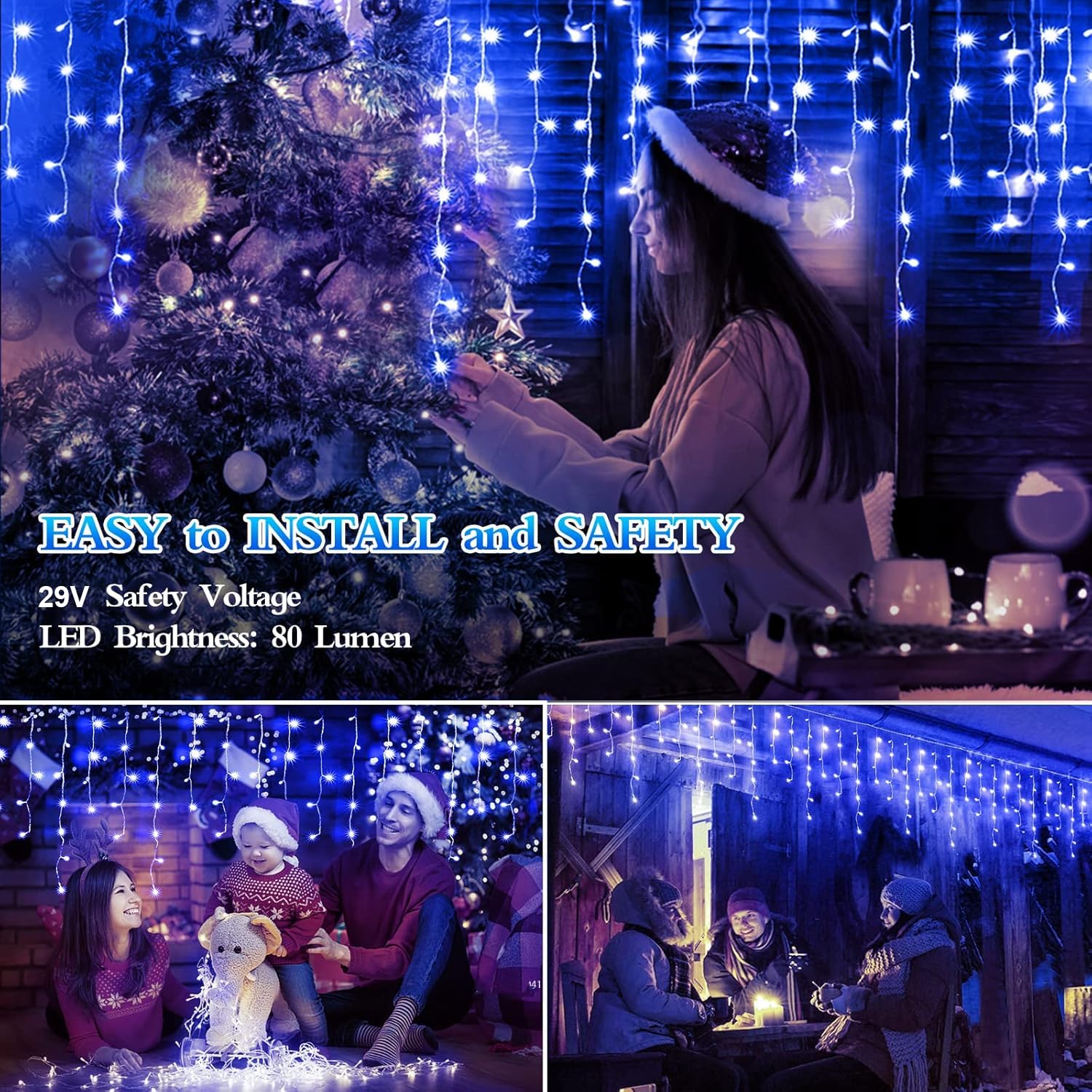 FLVOECN LED Christmas Lights 49FT 480 LEDs Waterproof Dimmable 8 Modes Blue Model BG-CL3M3-306L01