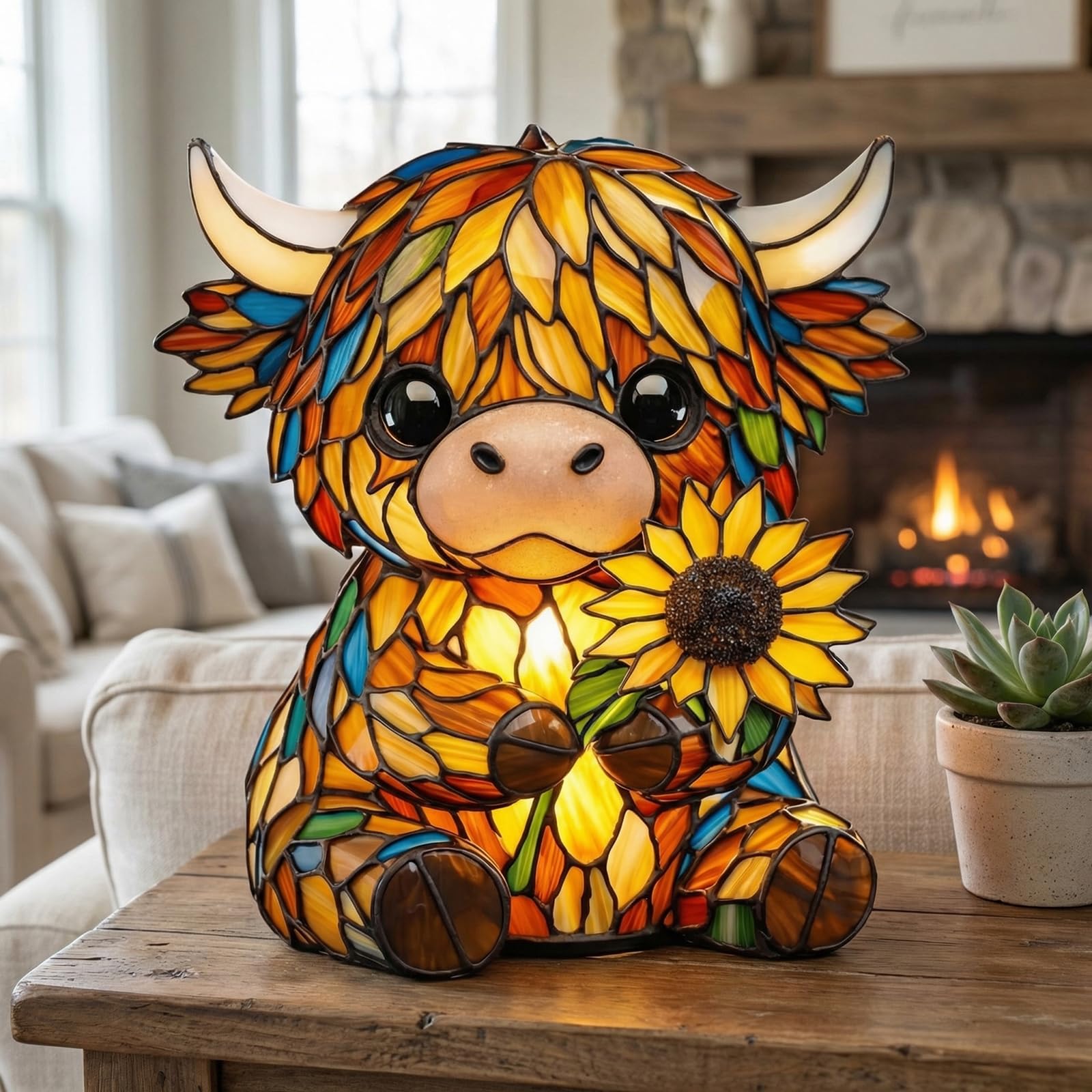 Highland Cow Night Light, LED Handcrafted Stained Glass Highland Cow Night Lamp, USB Powered Resin 3D Animal Ornament Light for 