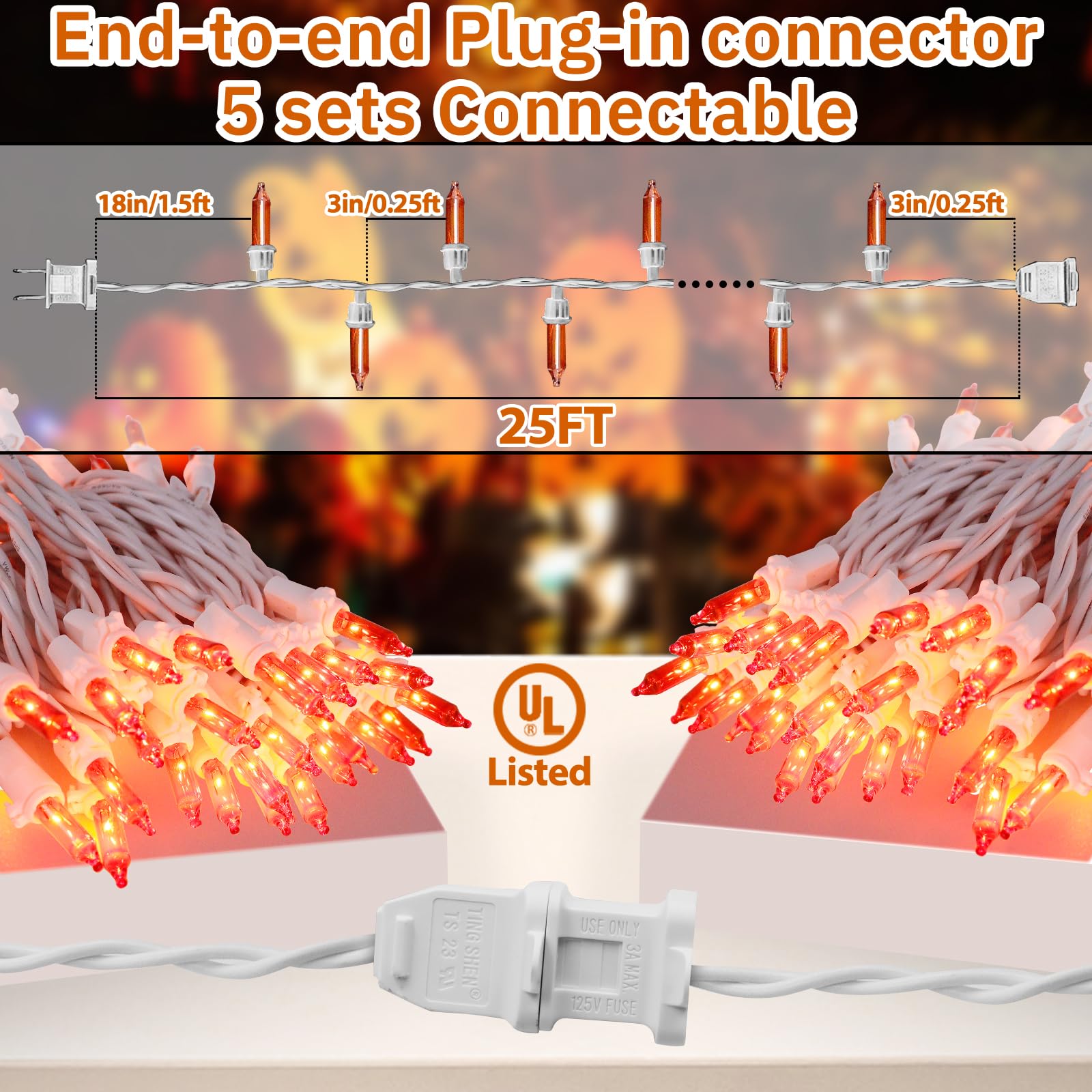 Cxlho Christmas Mini String Lights Orange, 25Ft 100 Count Incandescent Connectable Halloween Lights, Ul Listed Waterproof Christ