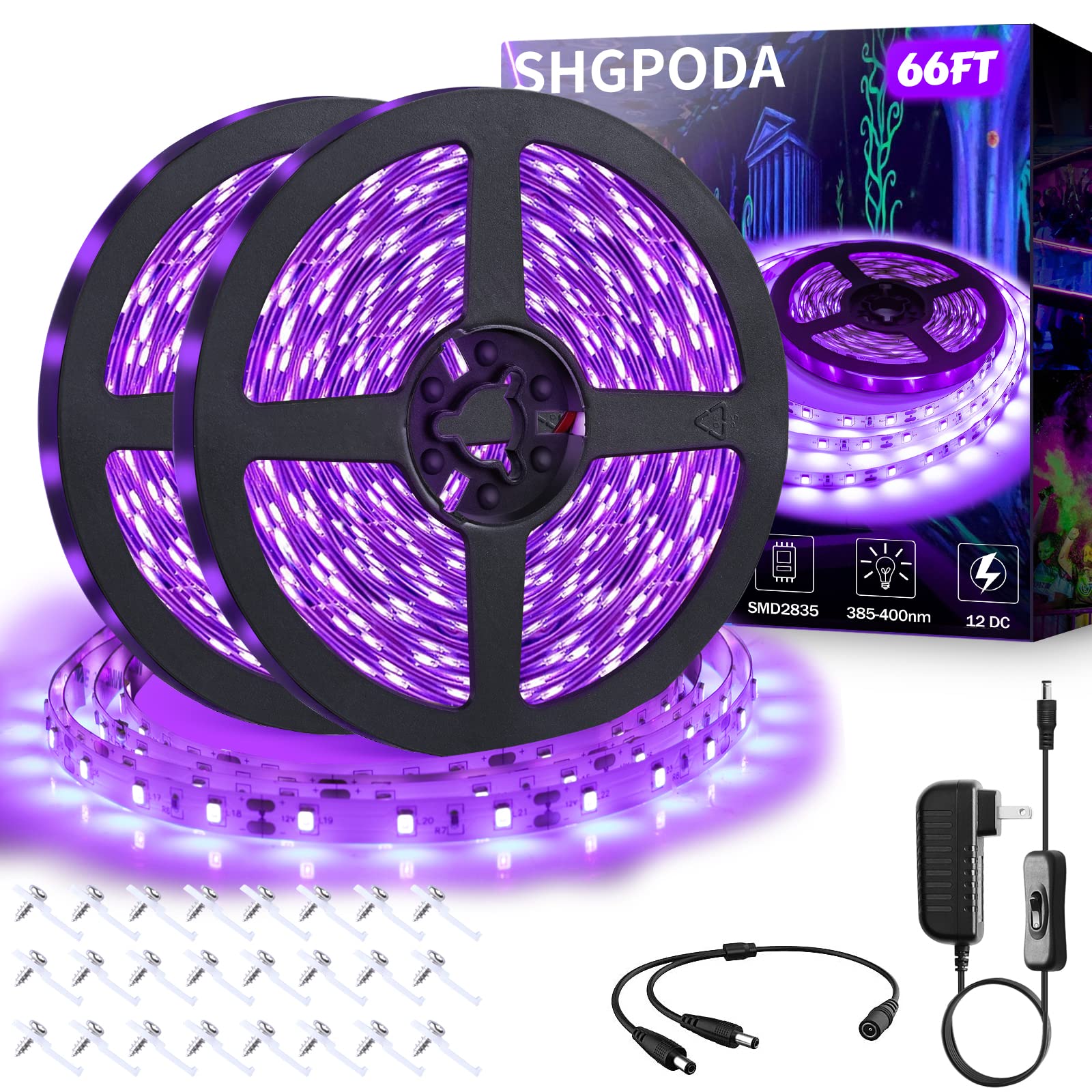 SHGPODA LED Black Light Strip Kit, 66ft/20M, 1200 Lamp Beads, 12V Flexible, Non-Waterproof, Black, Model SPD-D20-UV