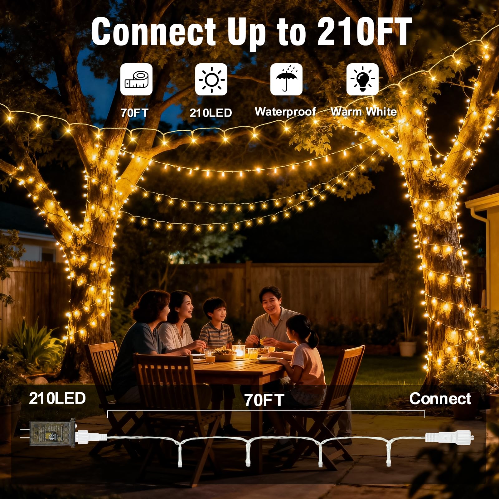 WASTROYAL Warm White LED String Lights - 210 LEDs, 70FT, Waterproof, Connectable, Model HCP153