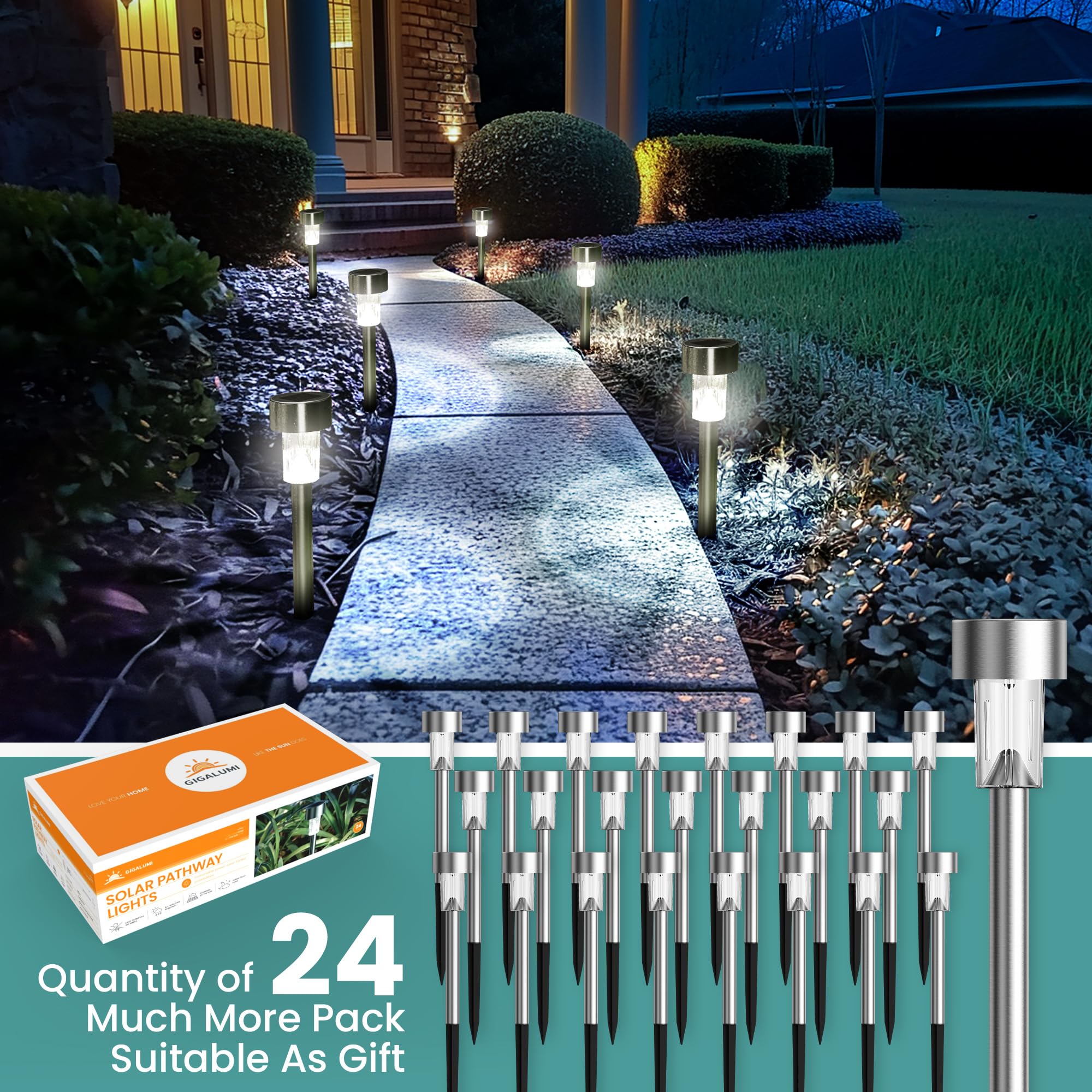 GIGALUMI Solar Path Lights 24 Pack, Waterproof Stainless Steel LED, Cold White