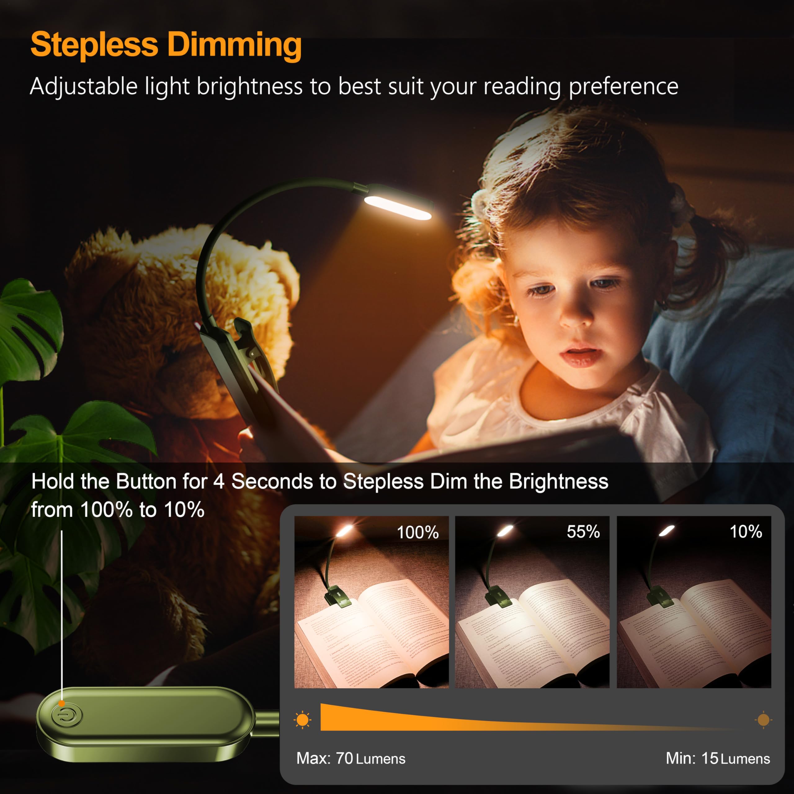 Gritin Rechargeable Book Light - 16 LEDs, 3 Color Temperatures, Stepless Dimming, Dark Green, Model GM1331
