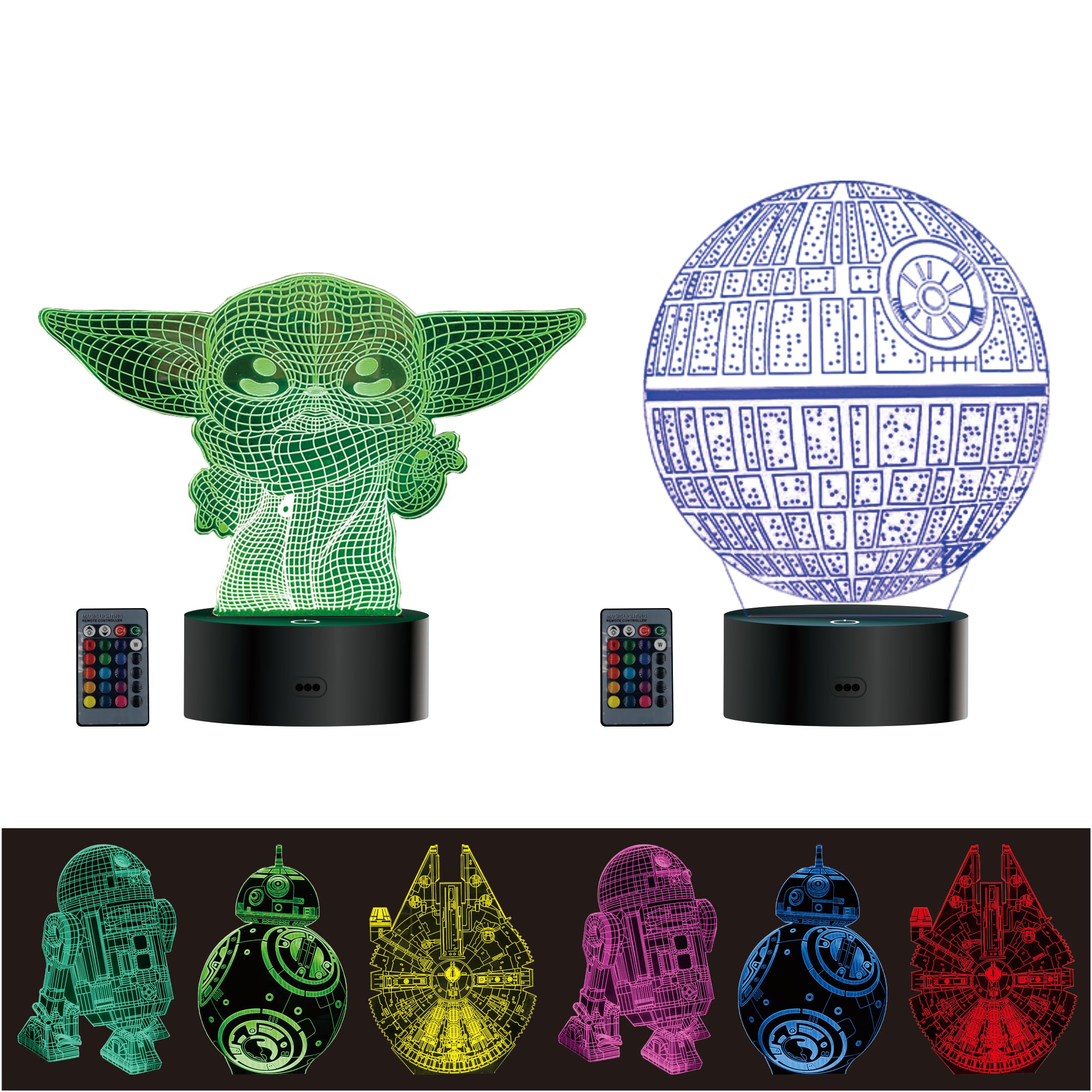 MOSSOM 3D Illusion Lamp - Star Wars LED Night Light, 7 Color Change, 5 Patterns, Black, 2 Bases