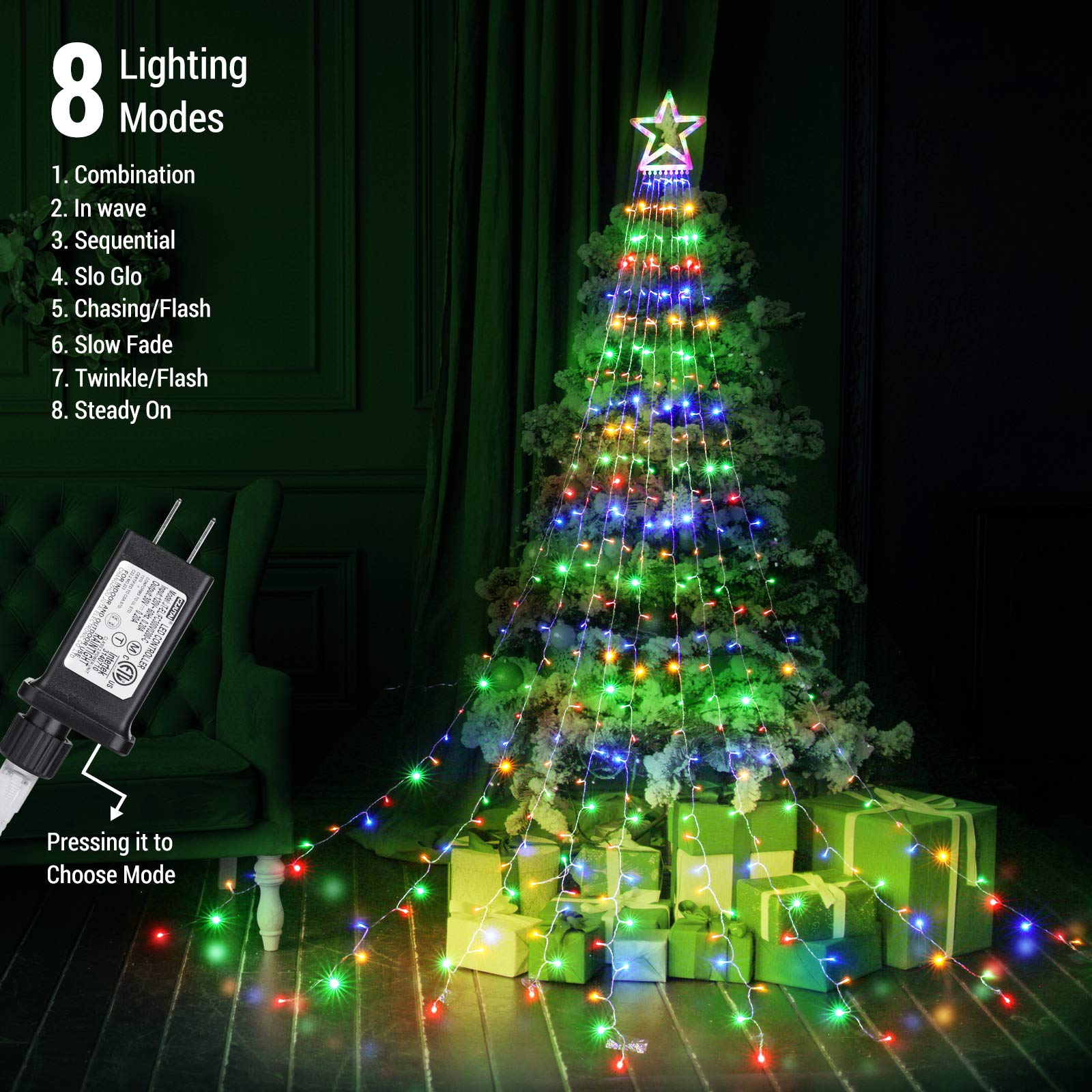 Toodour Christmas Decorations Outdoor Star Lights, 317 Led 10Ft X 9 Waterfall Tree Lights With 12&quot; Topper Star, 8 Lighting Modes Outside Christmas Lights For Yard Garden Holiday Decor (Multicolor)