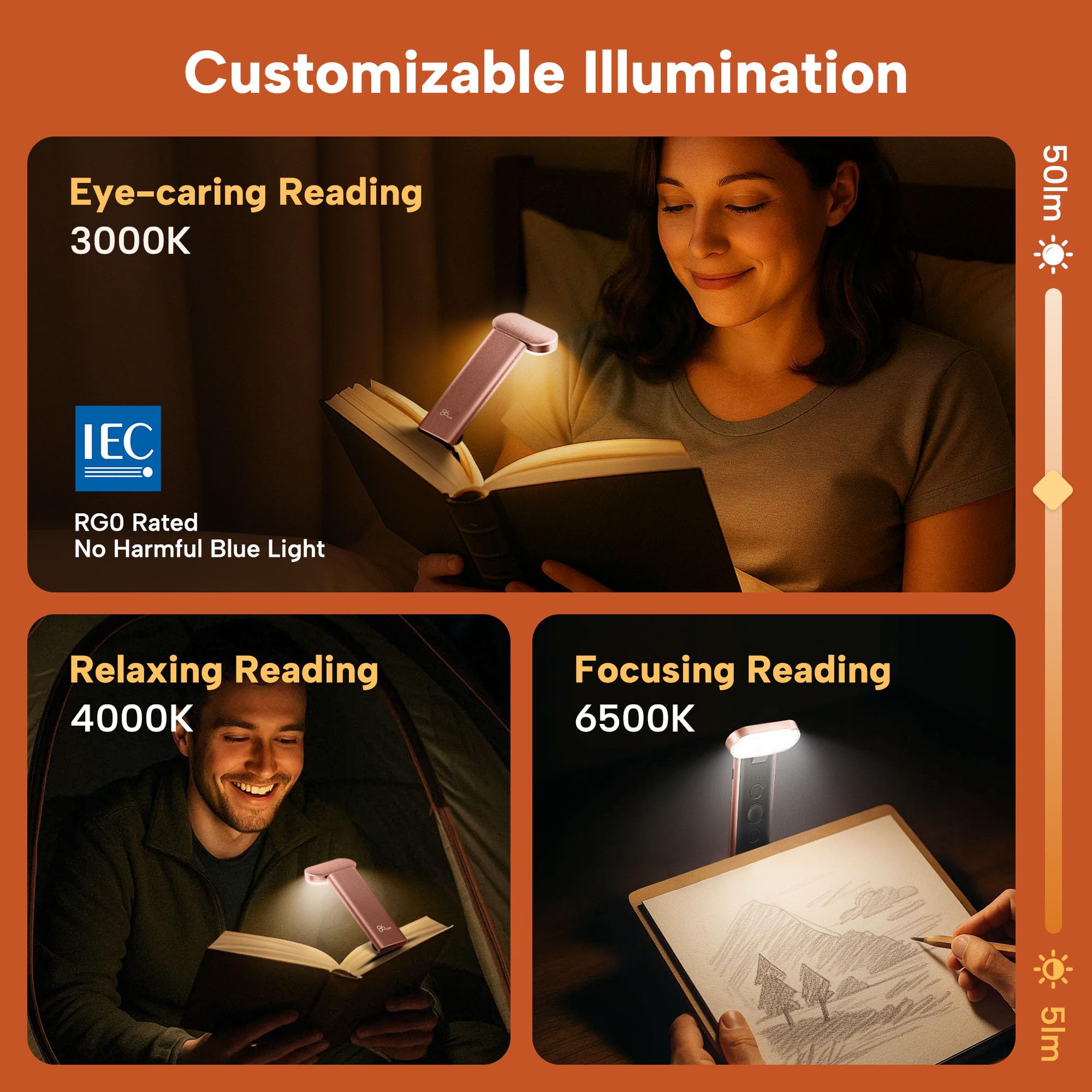 86Lux Book Light  Reading Light For Book In Bed  Usb Rechargeable Led Night Light With 3 Colors & Limitless Dimming Bookmark Light For Book Lovers Rose Gold