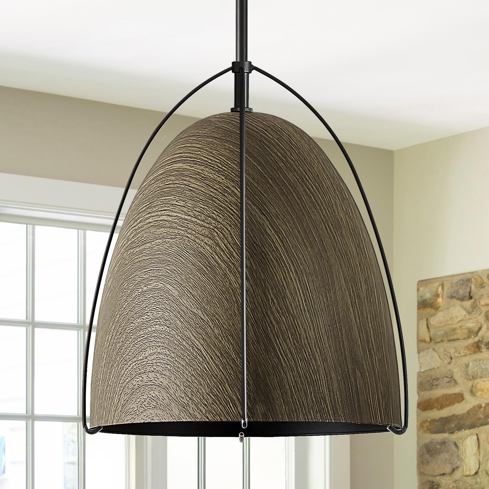 Fookchak Large Dome Pendant Light 3-Light Kitchen Pendant Light Fixture 12In Wood Printed Black Pendant Lighting For Kitchen Isl