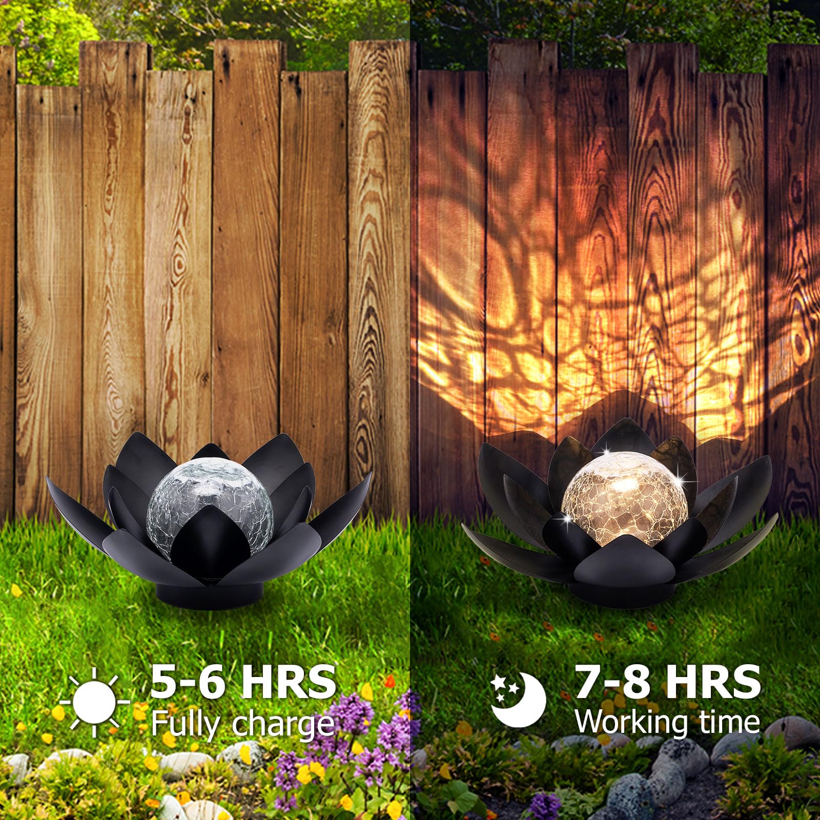 Huaxu Solar Lights Outdoor Garden Decor Metal Black Lotus Decoration, Crackle Globe Glass Waterproof Led Outside Table Lamp For