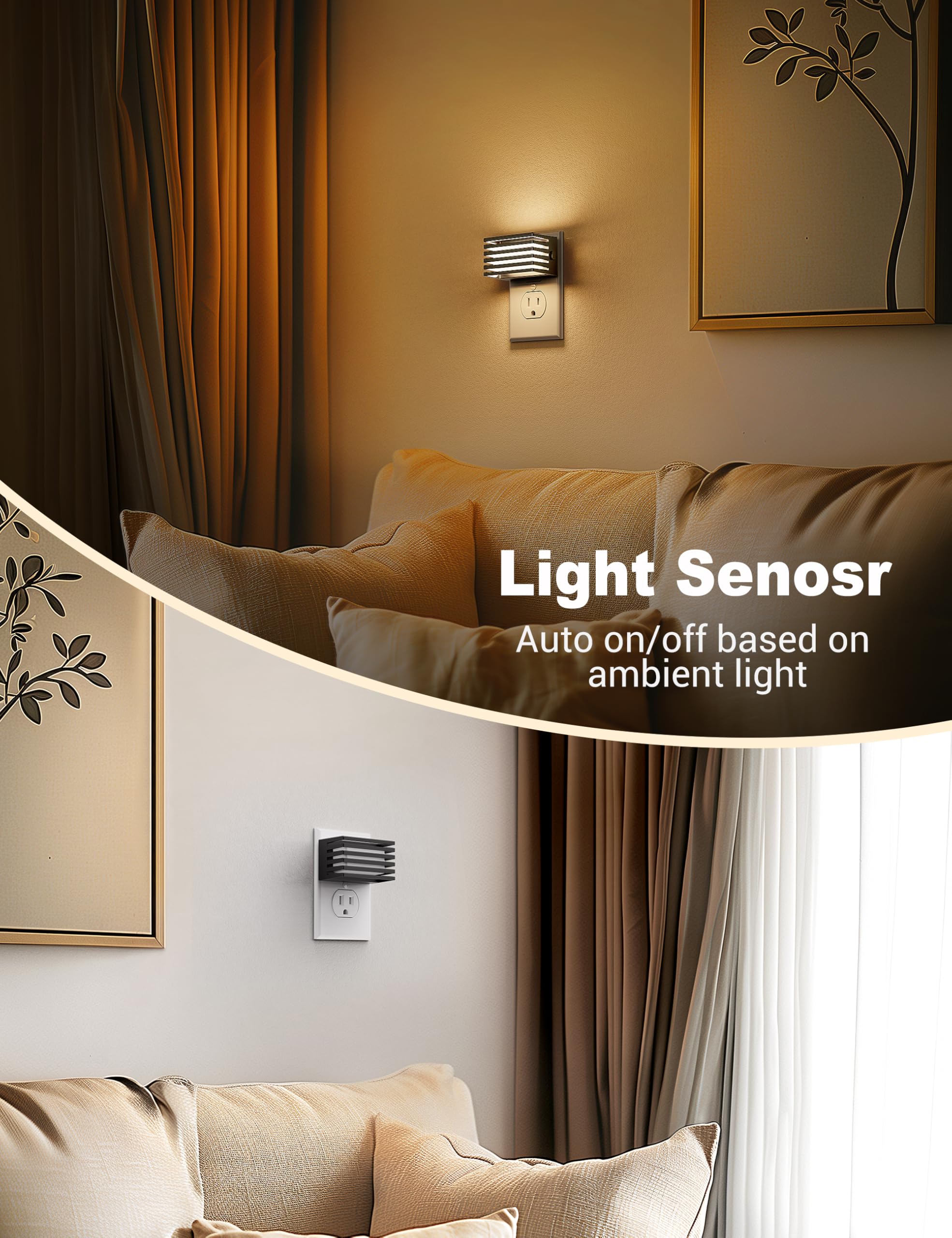 JandCase LED Night Light 2 Pack, Dimmable with Dusk to Dawn Sensor, 3000K Soft White, Warm Black Shade, Model C-GY14002US-2