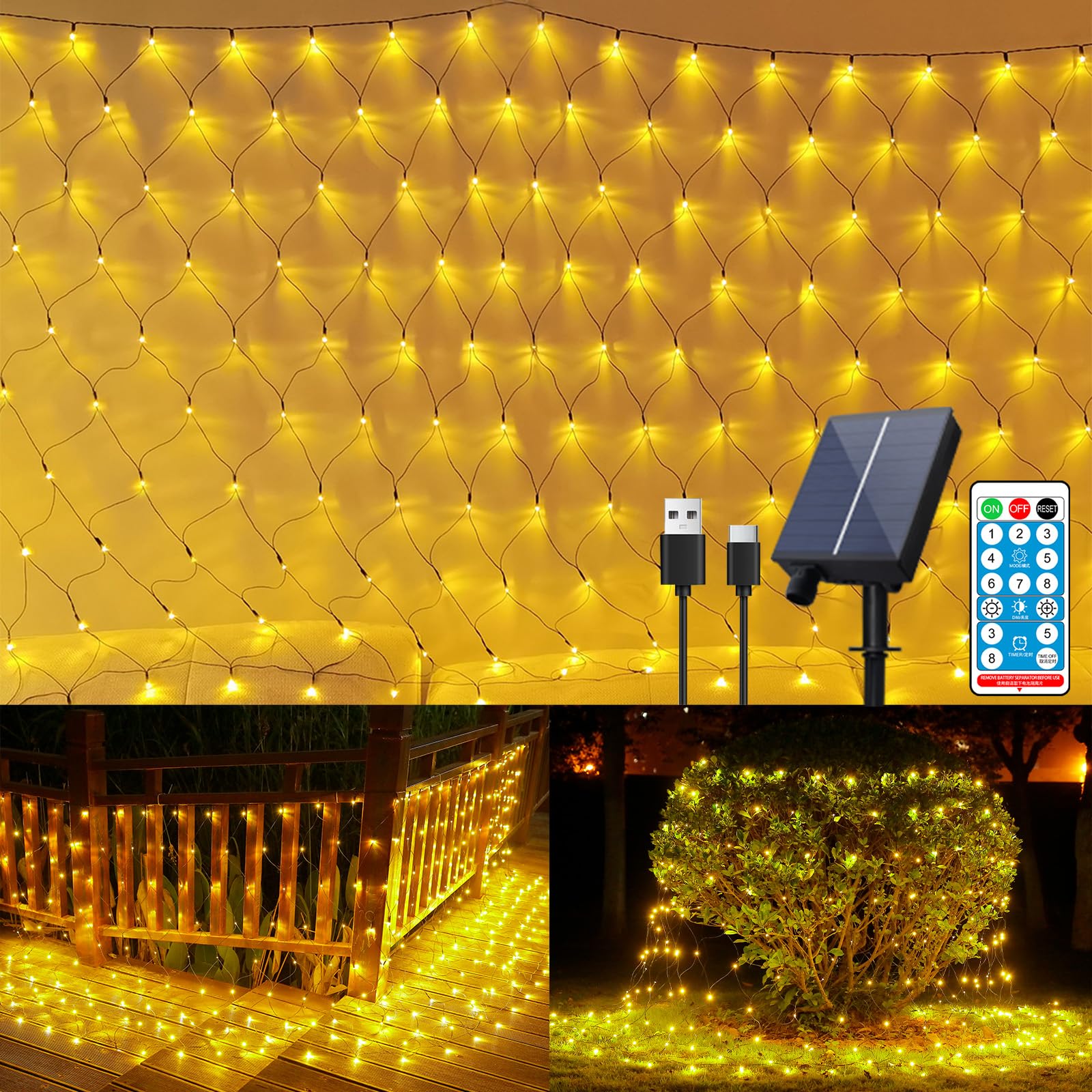 FunNite Solar Net Lights 240 LED Waterproof Mesh 11.5ft x 5ft Remote Control Warm White