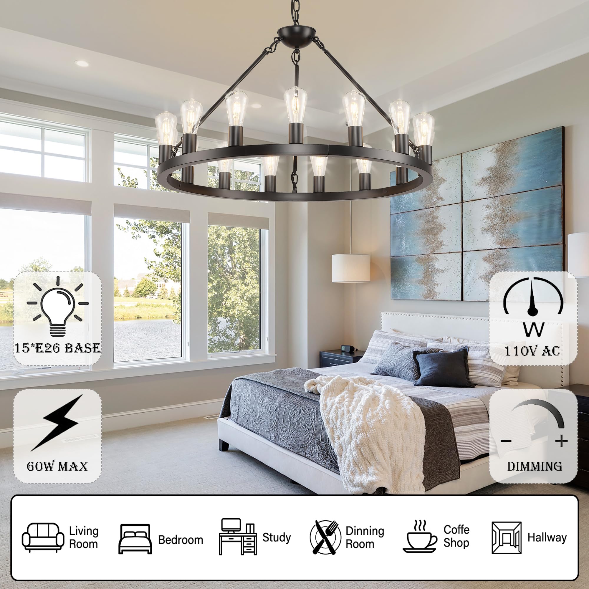 Sarudiir 32 Inch Black Wagon Wheel Chandelier 15-Light Farmhouse Round Wheel Chandeliers Hanging Light Fixture Outdoor Wagon Whe