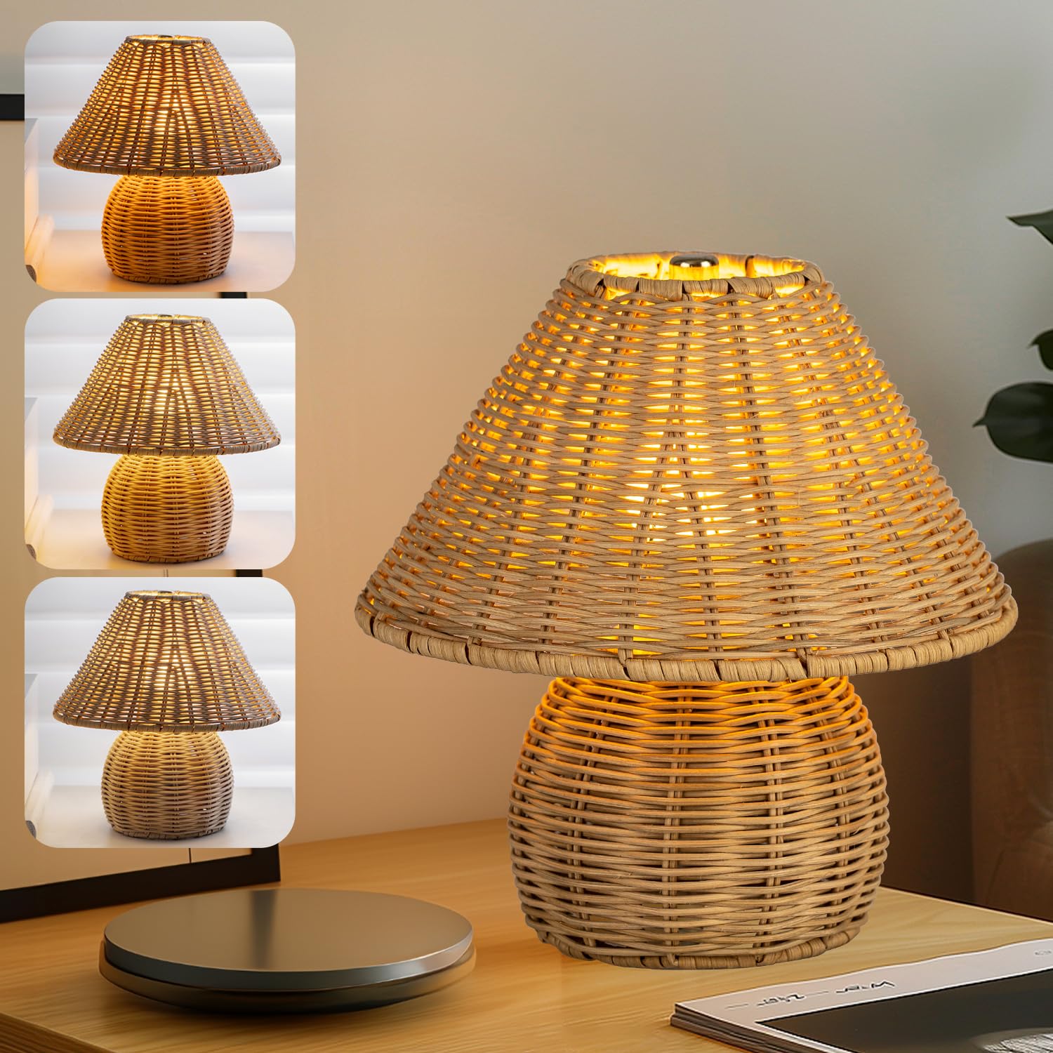 Bamboo Table Lamp Handmade Boho Rattan Bedside Lamp,3 Colors Adjustable Vintage Wicker Wooden Nightstand Lamp With E26 Bulb For 