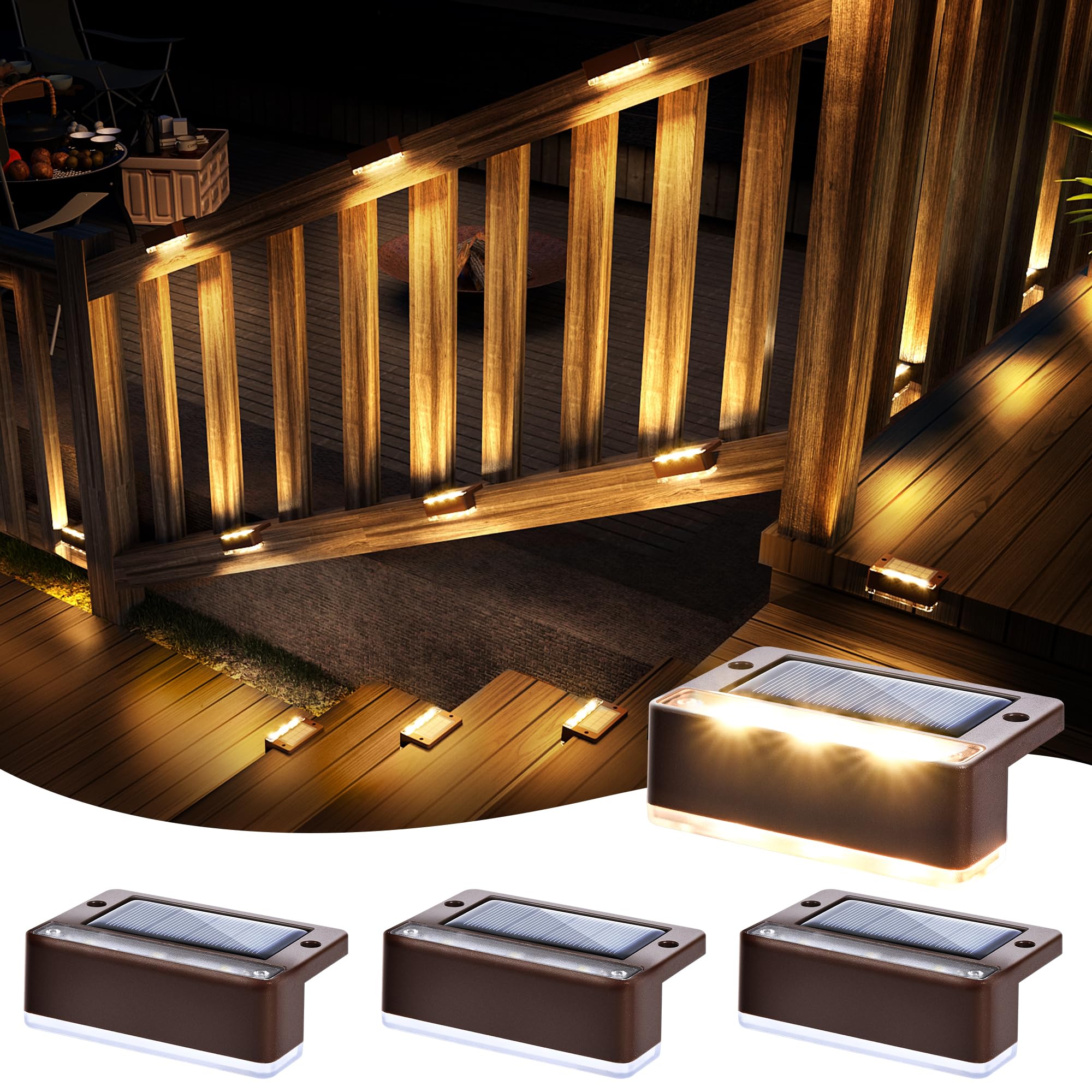 SOLPEX Solar Fence Lights, Waterproof 6 LEDs, 4 Pack, Warm White, Brown, Model 9999, for Outdoor Use, Step, Stair, Garden, Patio Decor