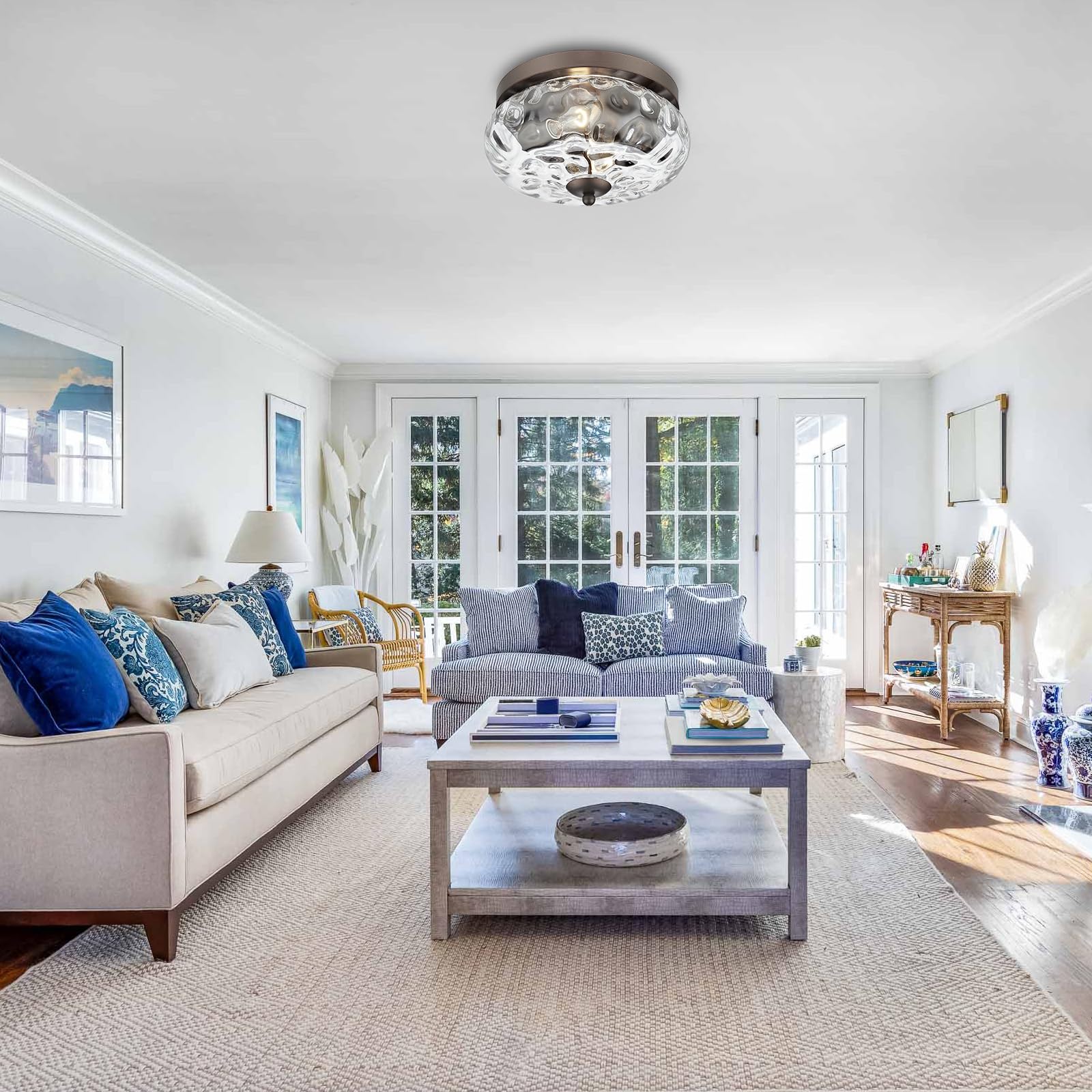 Darkaway Flush Mount Ceiling Light Fixtures, 11inch Water Ripple Glass Shade, Bronze Finish, Model 6T1F ORB+WG for Indoor/Outdoor Use