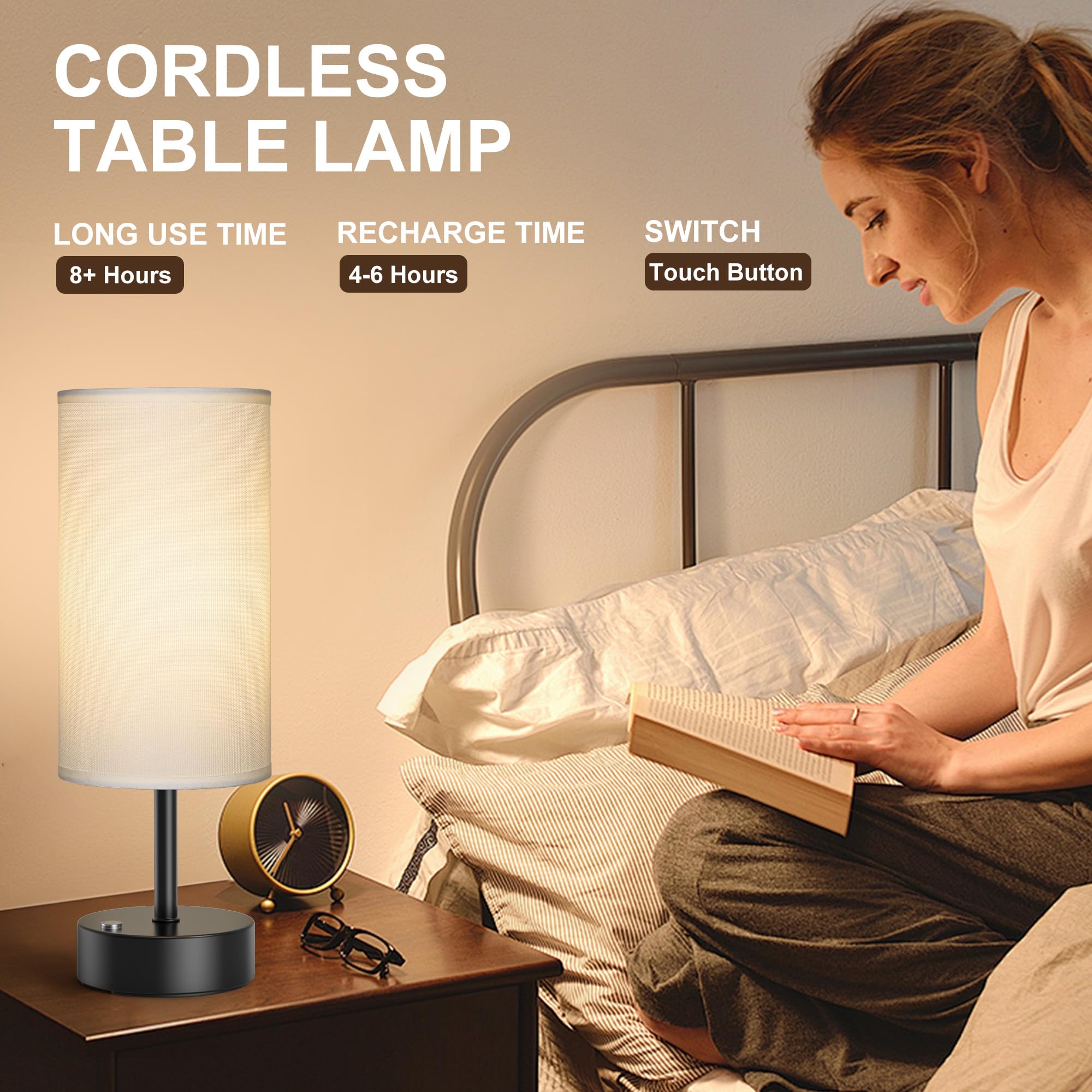 ROTTOGOON Cordless Table Lamp Touch Control Dimmable Rechargeable Metal Bedside Lamp Black