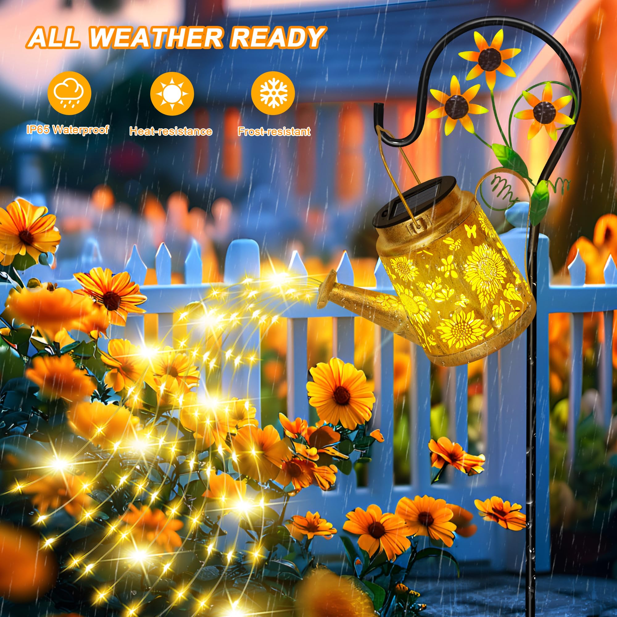 Ostritec Solar Watering Can Lights Outdoor Garden Decor, Large Sunflower Hanging Lantern With Shepherd Hook, Yellow Led, Gold Fi