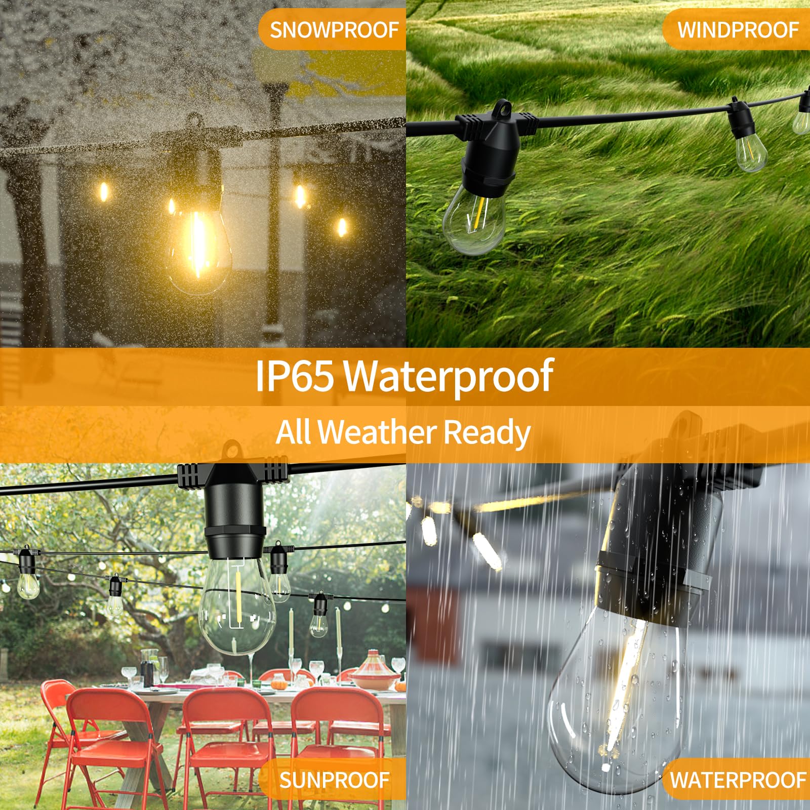 Alitade S14 Led Outdoor String Lights, Ip65 Waterproof 48Ft Outside Patio Lights, Edison Shatterproof Bulb Vintage Backyard Ligh