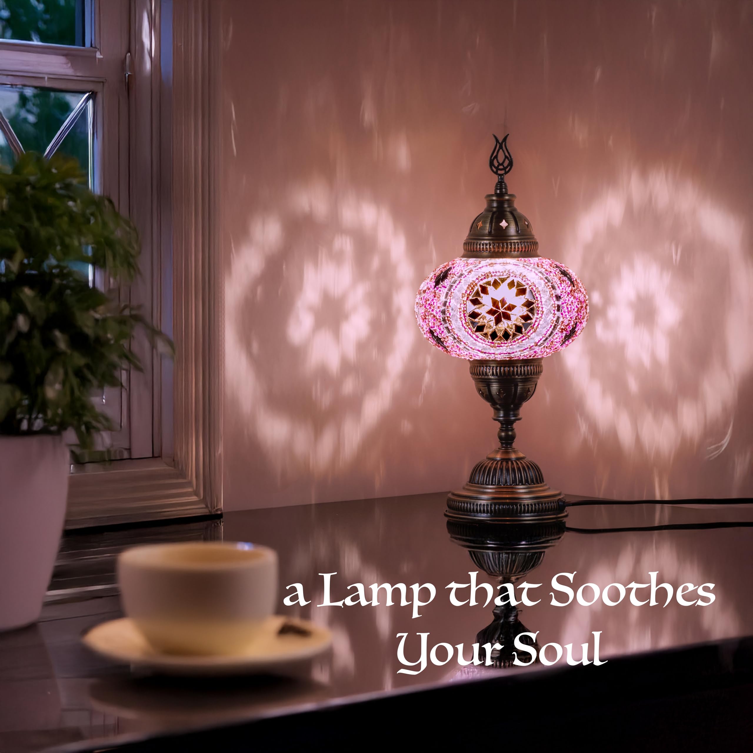 DEMMEX 7 Large Globe Turkish Moroccan Mosaic Table Lamp - Handmade Tiffany-Style Glass Lampshade, Colorful Desk Bedside Light, E