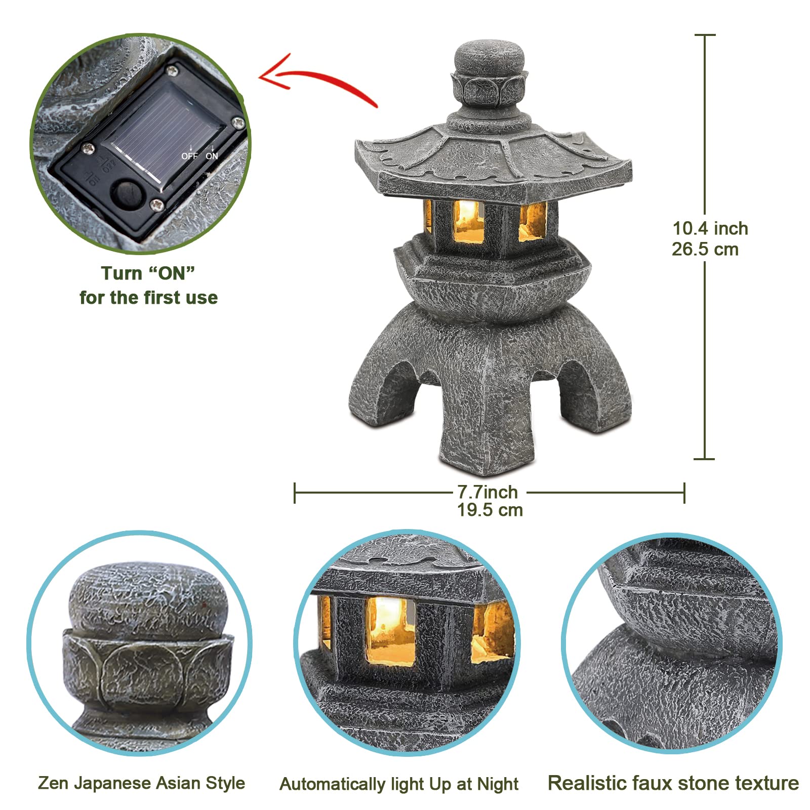 Nacome Solar Pagoda Lantern Garden Statue, Gray Polyresin Outdoor Decor for Patio, Porch, Garden