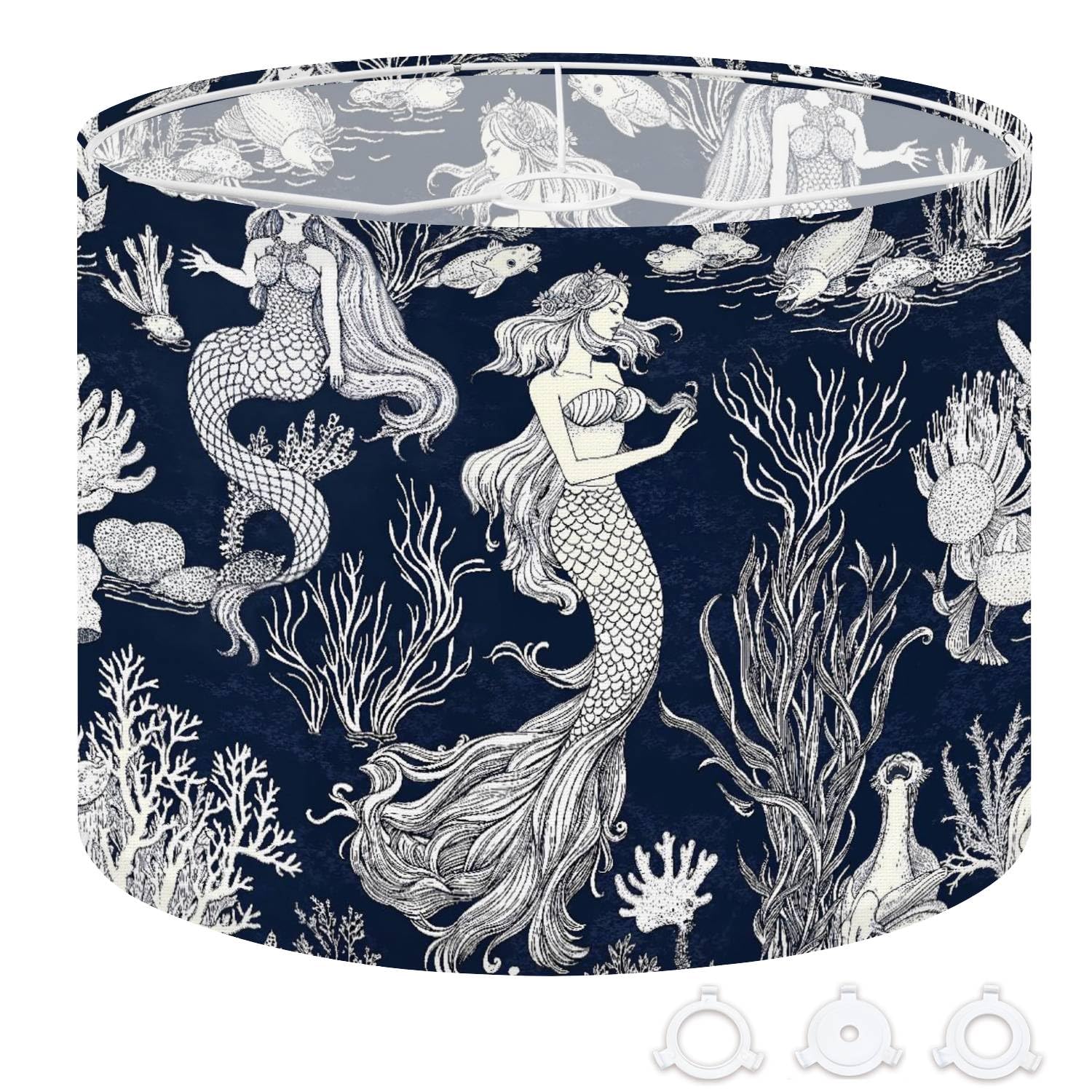 Drum Lamp Shade Blue Ocean Deep Sea Fish Seaweed Coral Creatures Art Monochrome Lampshade 8.9x11x11 for Table Lamps Floor Lamps 