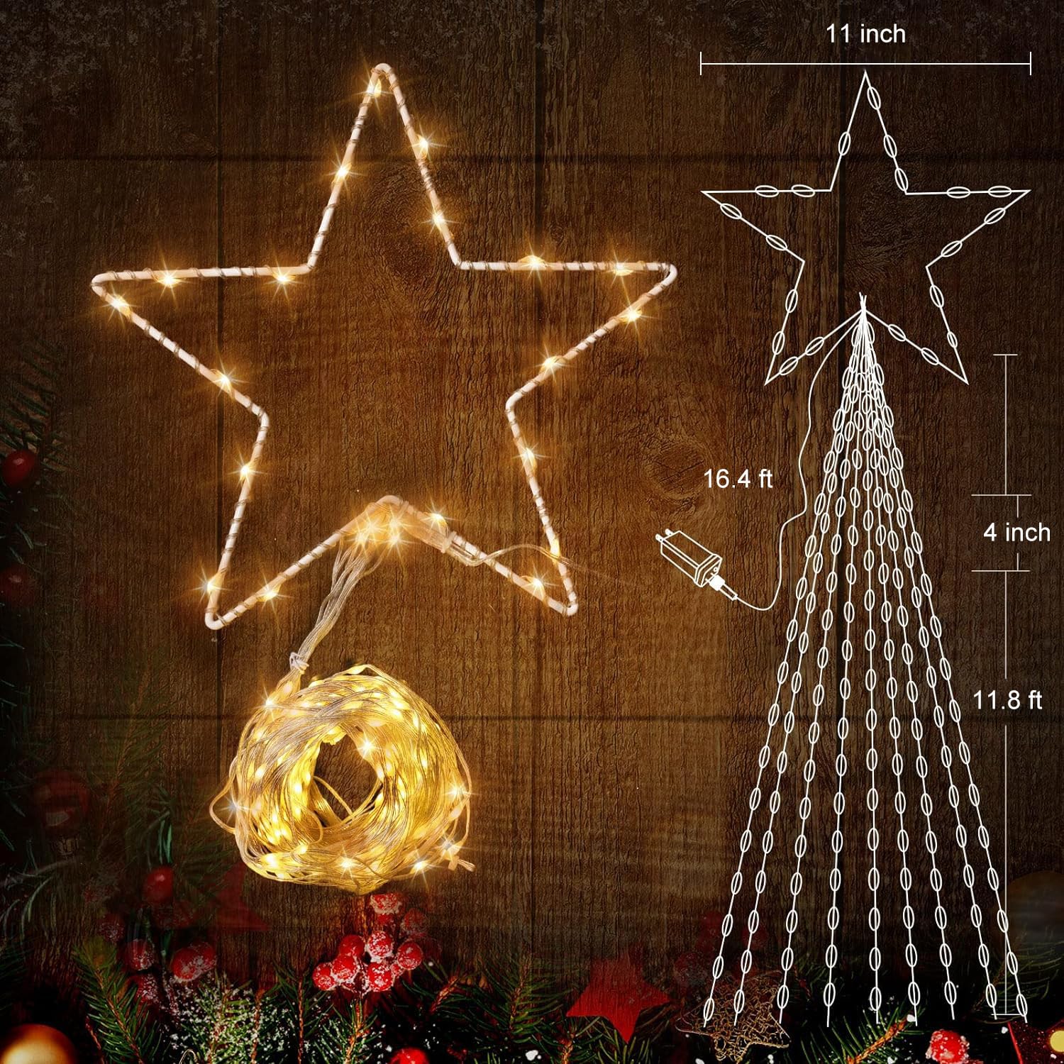 Brightown Christmas Star String Lights - 344 LED, 11.8ft Warm White Waterfall Lights, 8 Modes, Indoor/Outdoor Decor