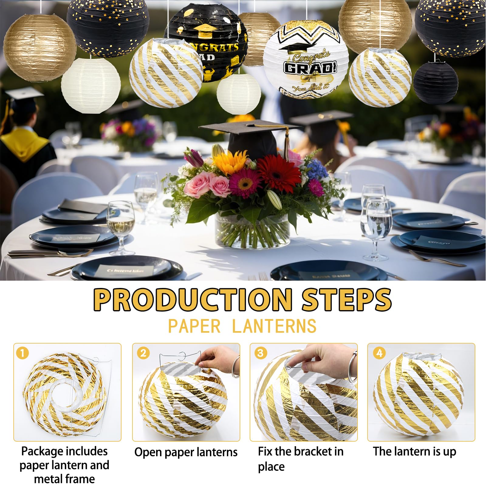 Adlkgg Graduation Paper Lanterns Party Decorations, Black And Gold Hanging Paper Lanterns For Class Of 2025 Decorations, Congrat