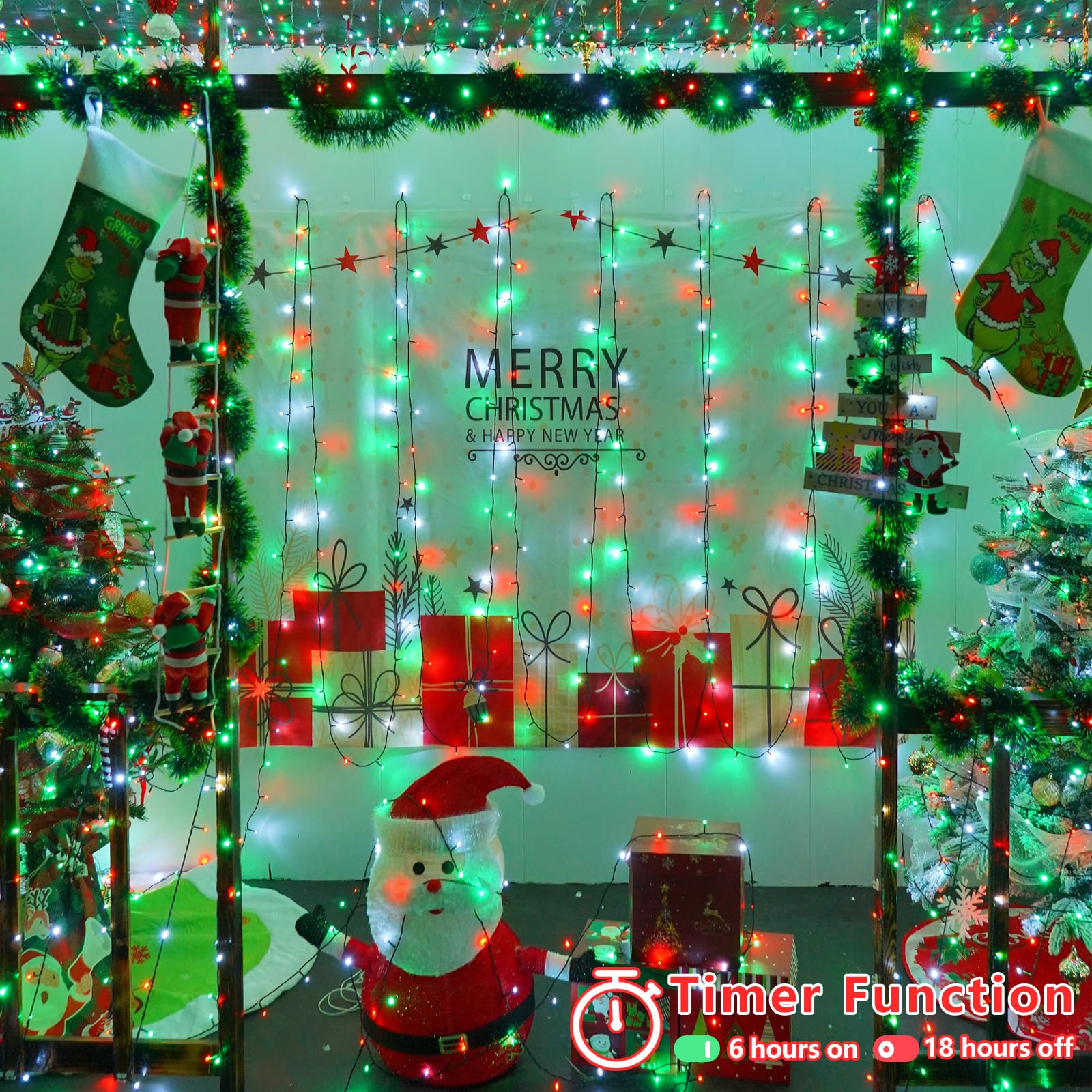 Yeguo 165Ft 500 Led Christmas Lights Outdoor Waterproof  8 Modes Red White And Green String Lights Plug In  Green Wire Twinkle Tree Lights Indoor With Timer Memory