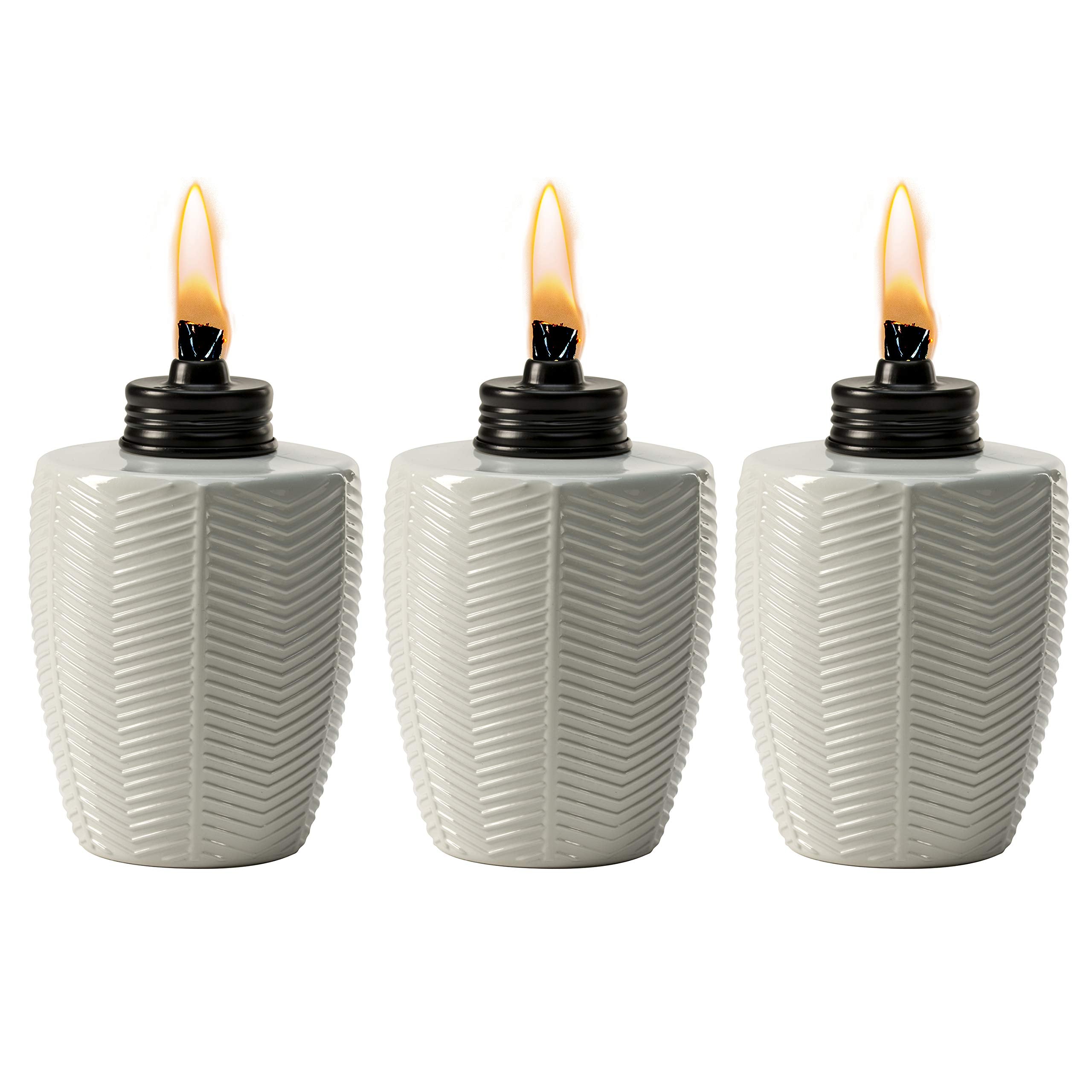 Tiki Brand 3-Pack Table Torch Glass Herringbone Ivory - Decorative Table Top Torches For Outdoor, Patio, Backyard And Garden, 5.75 In, 1118120