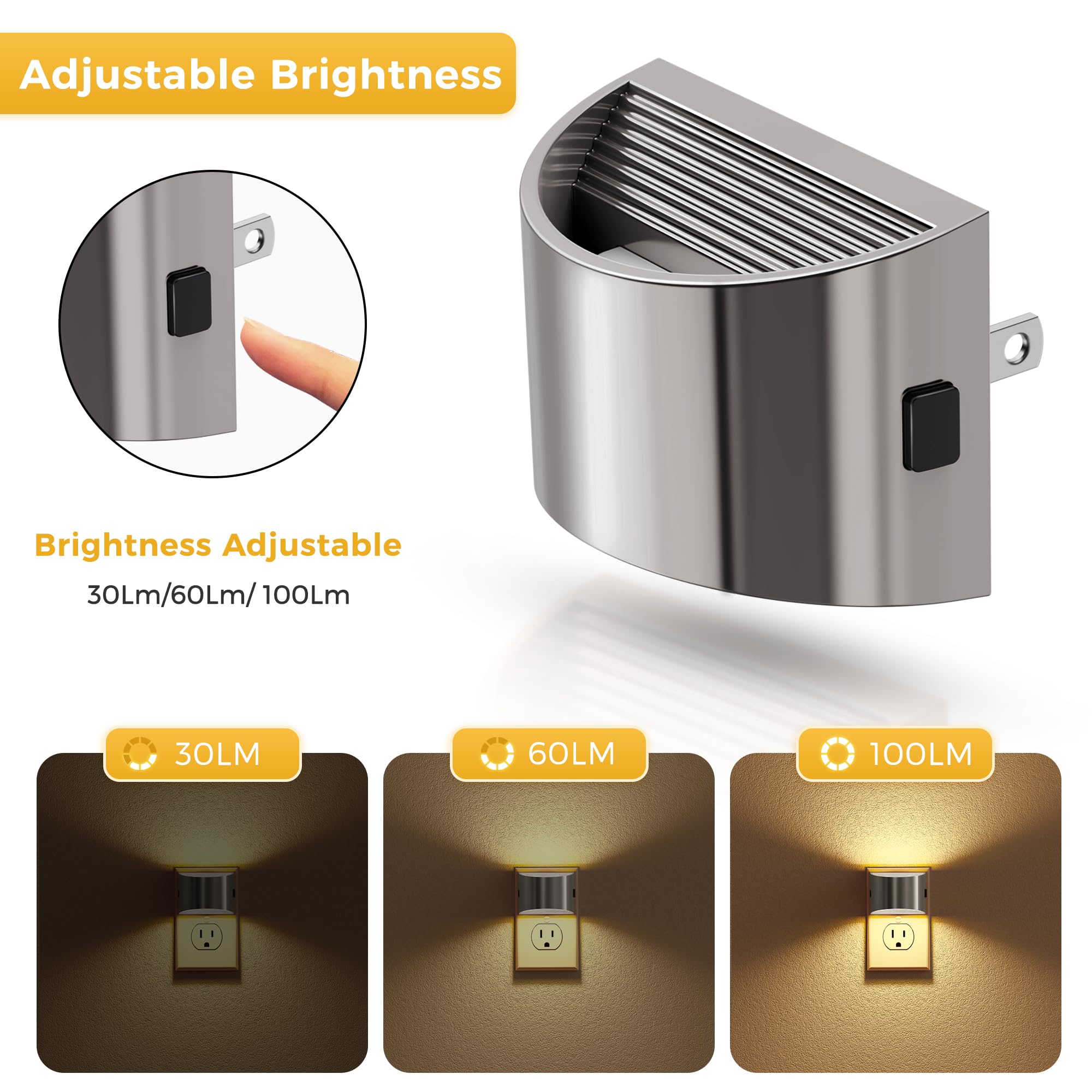 L LOHAS LED Night Lights - Dimmable 3-Level Brightness, 3000K Soft White, Grey, 2 Pack, Model GY10702CHUS-2