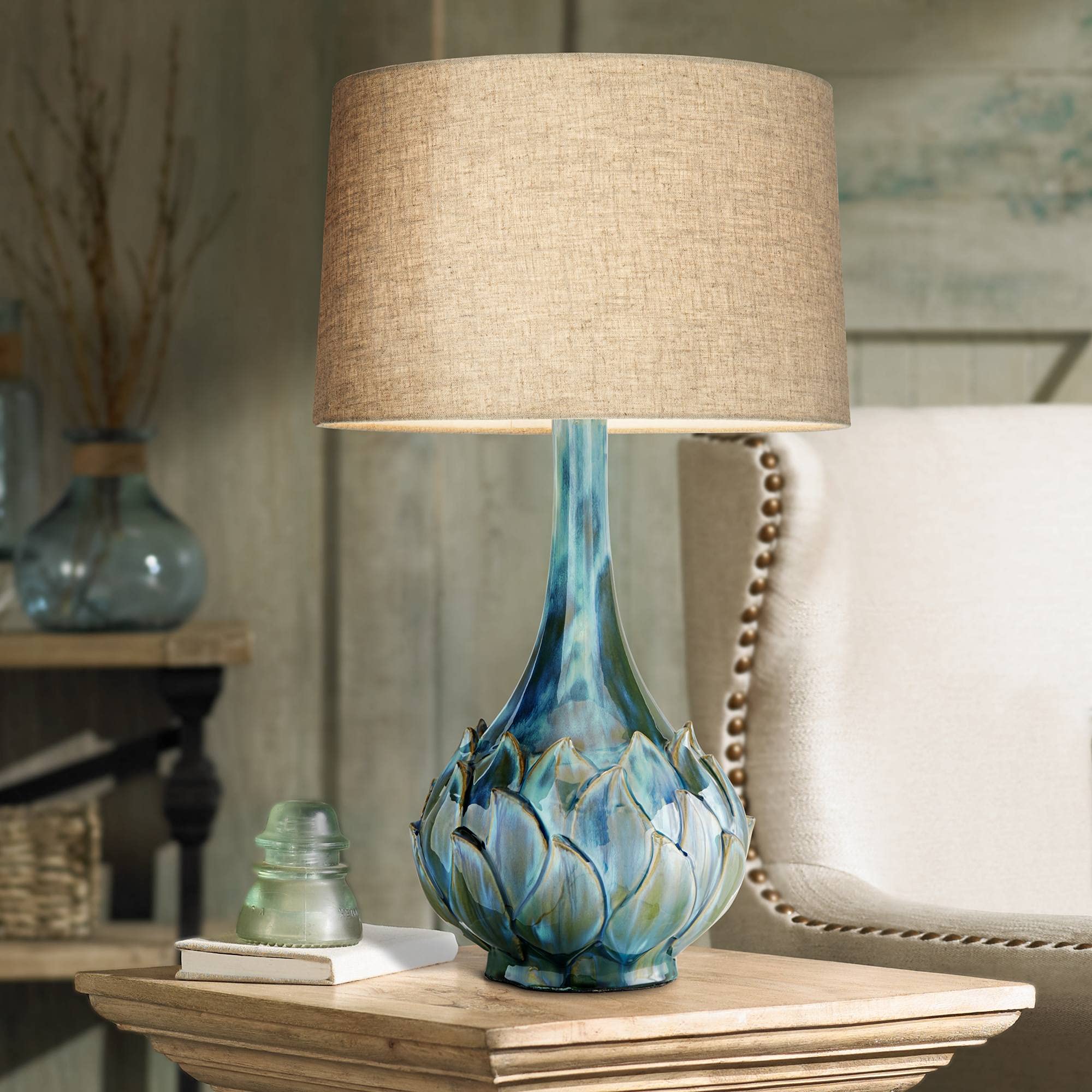 Possini Euro Design Kenya Modern Table Lamp 29 1/2 Tall Blue Green Reactive Glaze Ceramic Beige Linen Tapered Drum Shade for Cot
