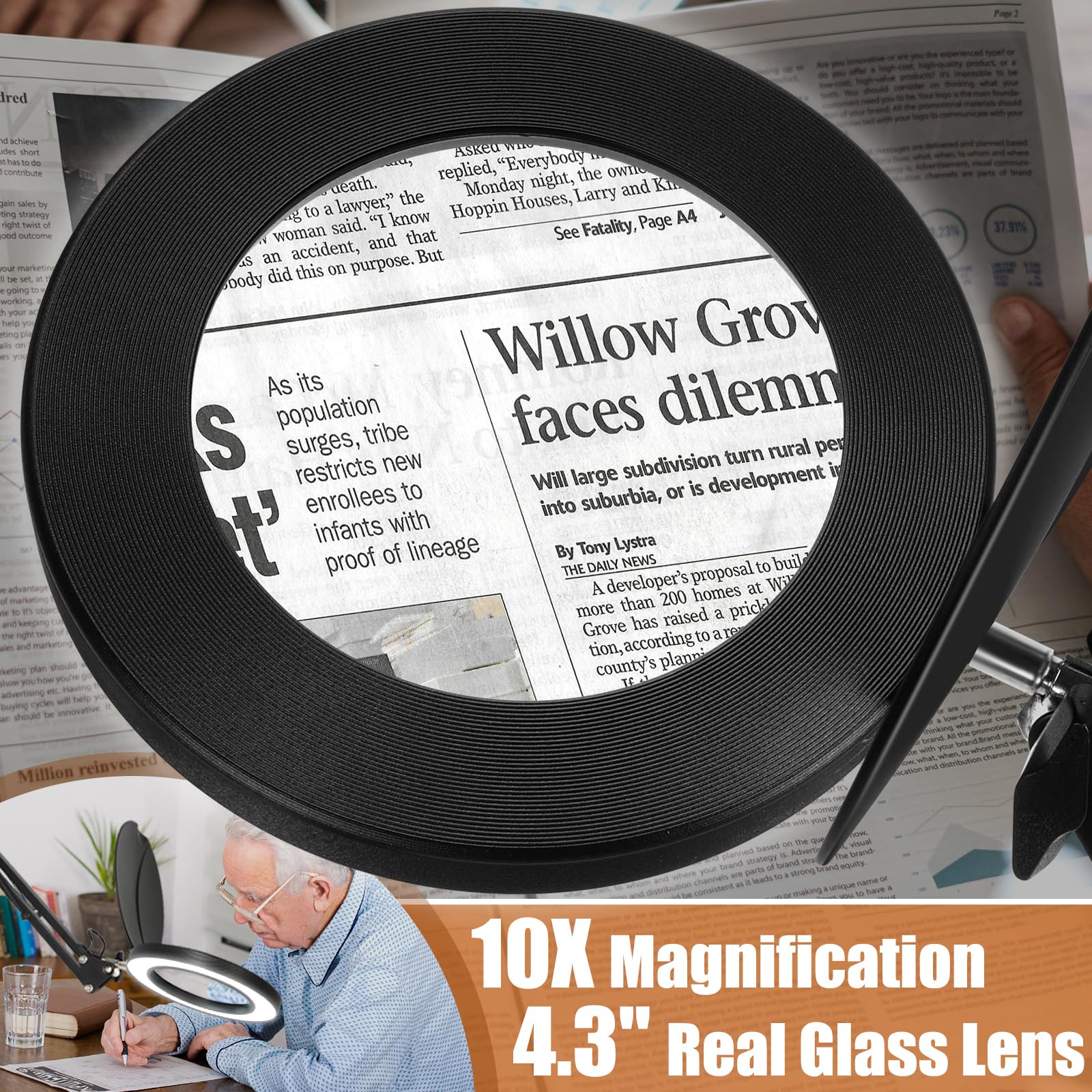 Veemagni 10X Magnifying Glass With Light And Stand, 2-In-1 Led Magnifying Desk Lamp With Clamp & Lens Cover, 3 Color Modes Stepl