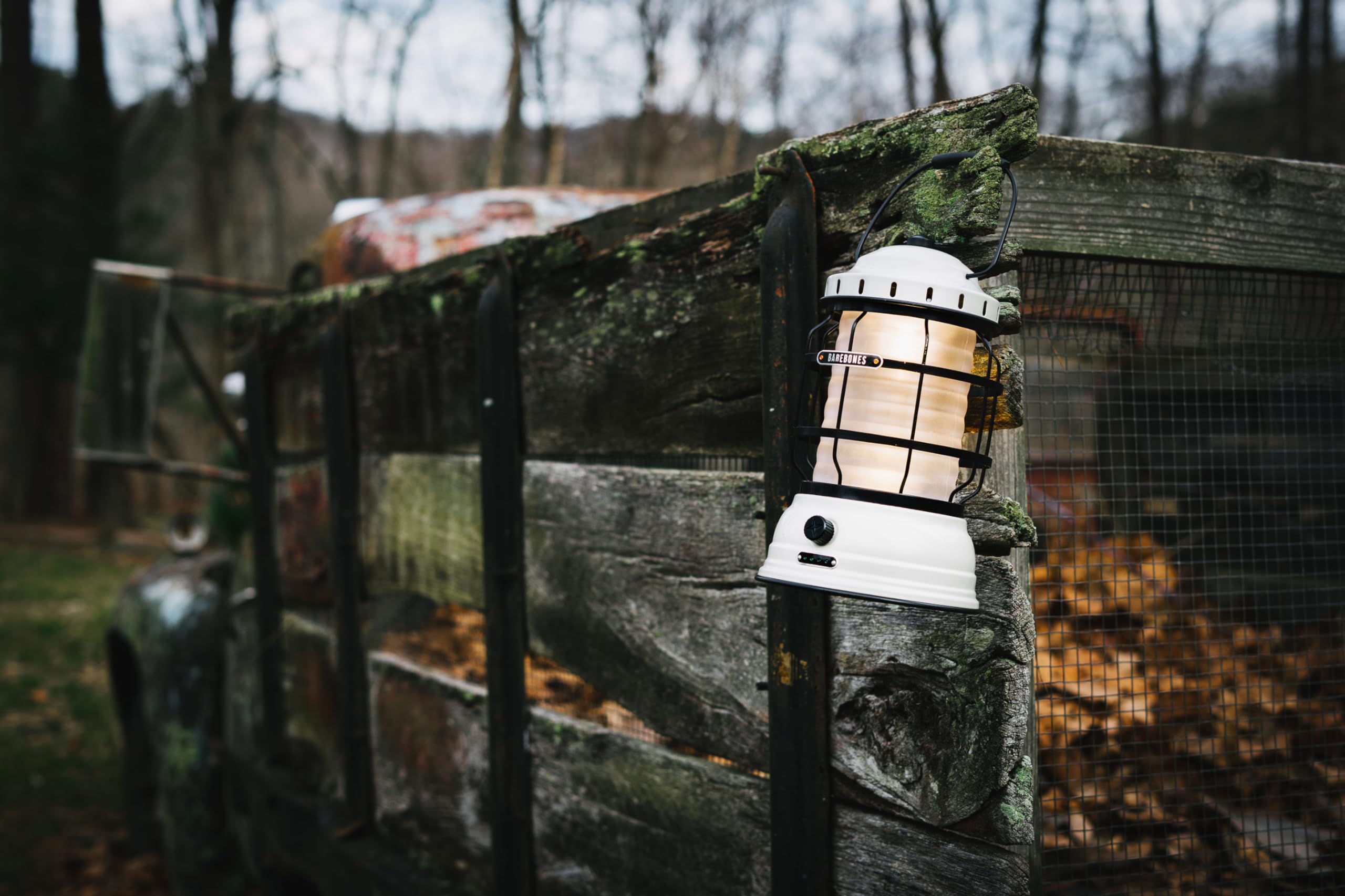 Barebones Forest Lantern - Vintage White LED Lantern, Adjustable Brightness, Battery Operated, Model BARE162