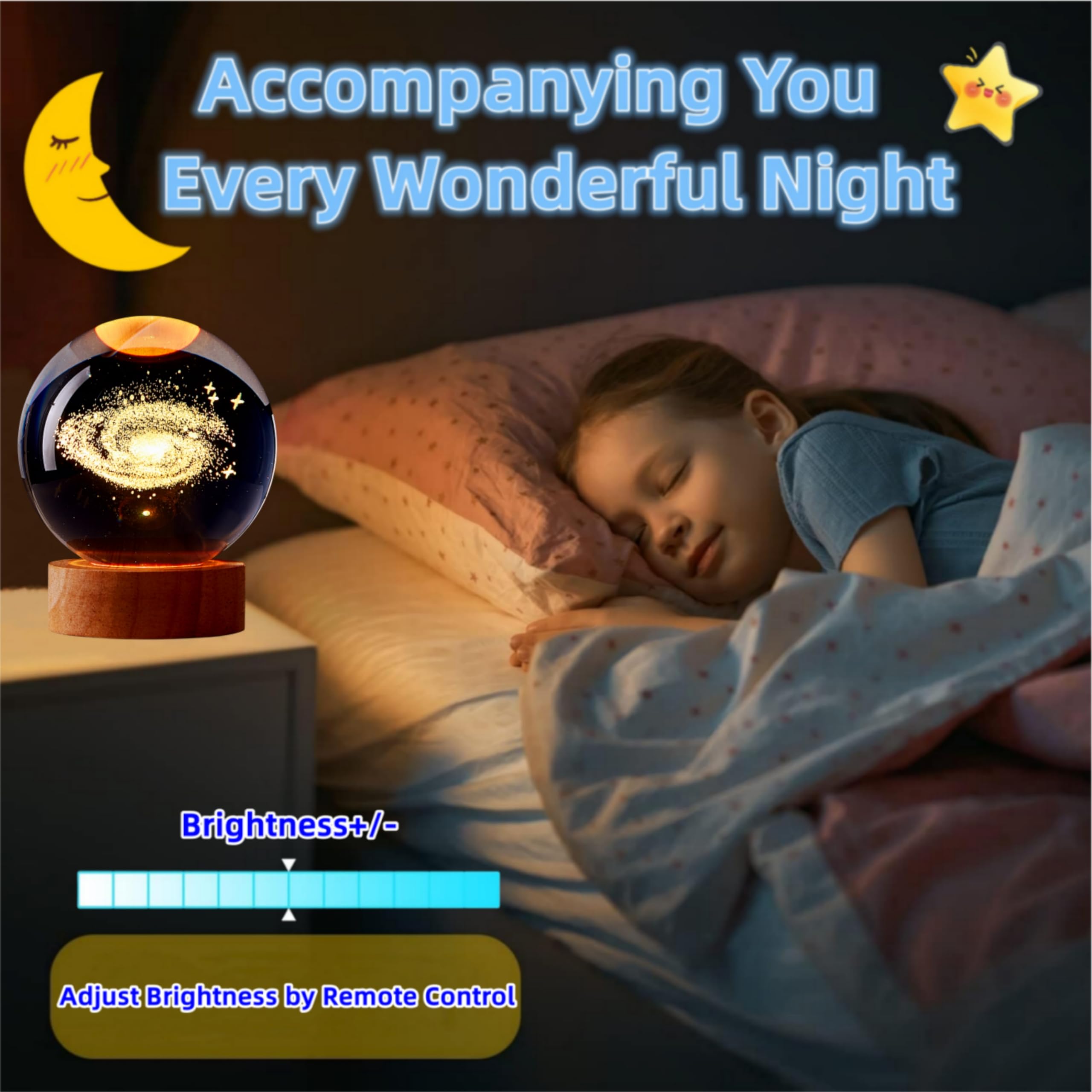 3D Galaxy Crystal Ball Lamp,3.15 Inch K9 Crystal Ball Night Light With Wooden Base,16 Colors Changing Light With Dimmable Remote Control,3D Laser Engraving Holographic Lamp (Galaxy)