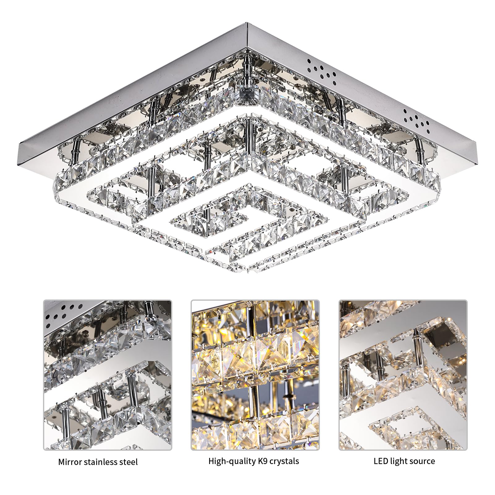 18'' Crystal Chandelier With Remote Control, 3 Color Temperature Light Fixture & Brightness Adjustable, Modern Flush Mount Led C