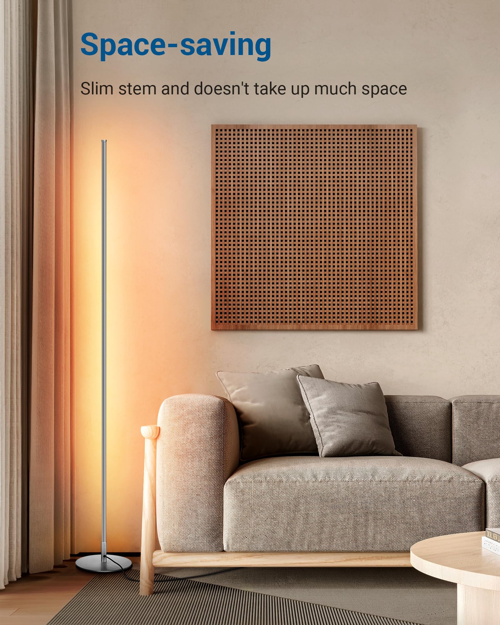 DEWENWILS LED Corner Floor Lamp, 57.5" Silver Minimalist Dimmable Mood Light for Living Room & Bedroom, Model HLFL02E