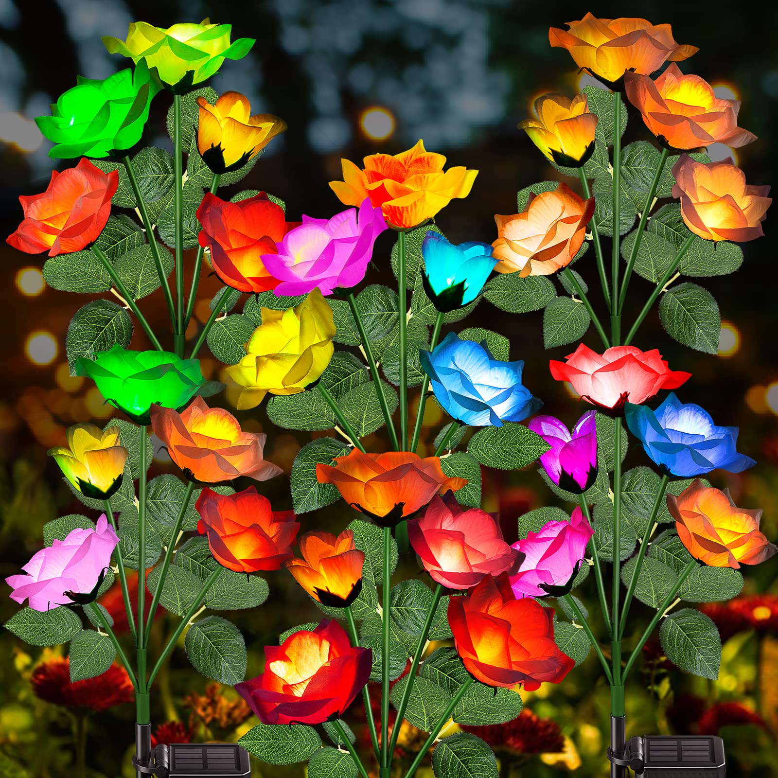Garpar Solar Garden Lights 6 Pack - 2024 Upgraded Brighter Solar Outdoor Lights With 30 Beautiful & Realistic Rose Flowers - 7 Color Changing Waterproof Solar Flower Lights For Yard Garden Decor