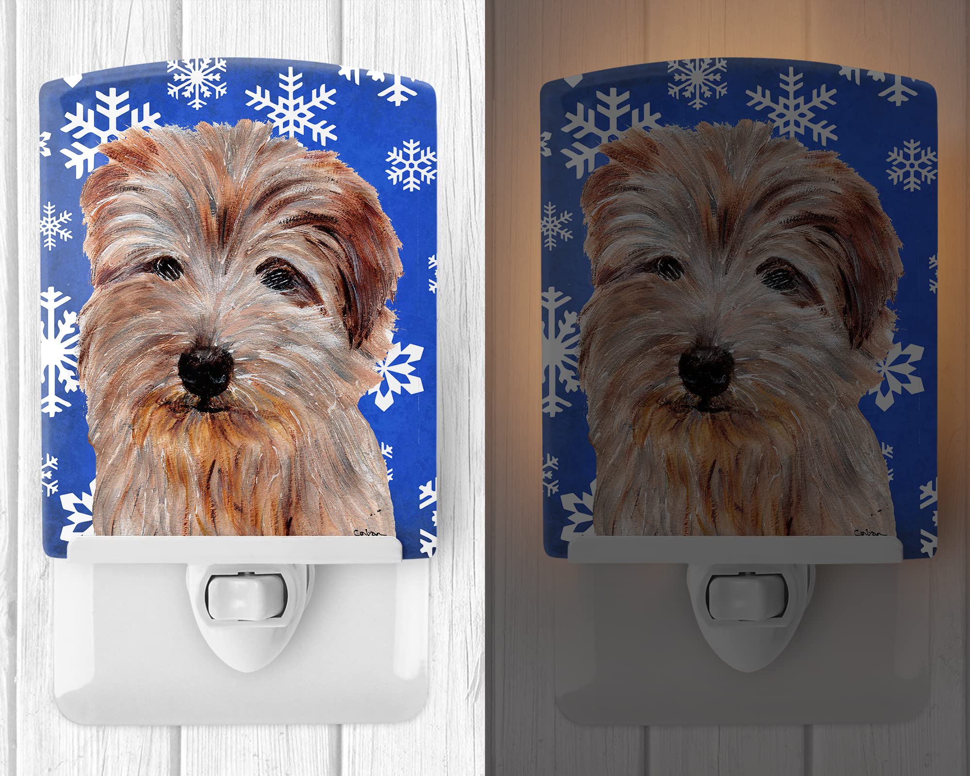 Caroline'S Treasures Sc9784Cnl Norfolk Terrier Winter Snowflakes Ceramic Night Light Compact, Ul-Certified, Ideal For Bedroom, Bathroom, Nursery, Hallway, Kitchen, 6X4X3, Multicolor