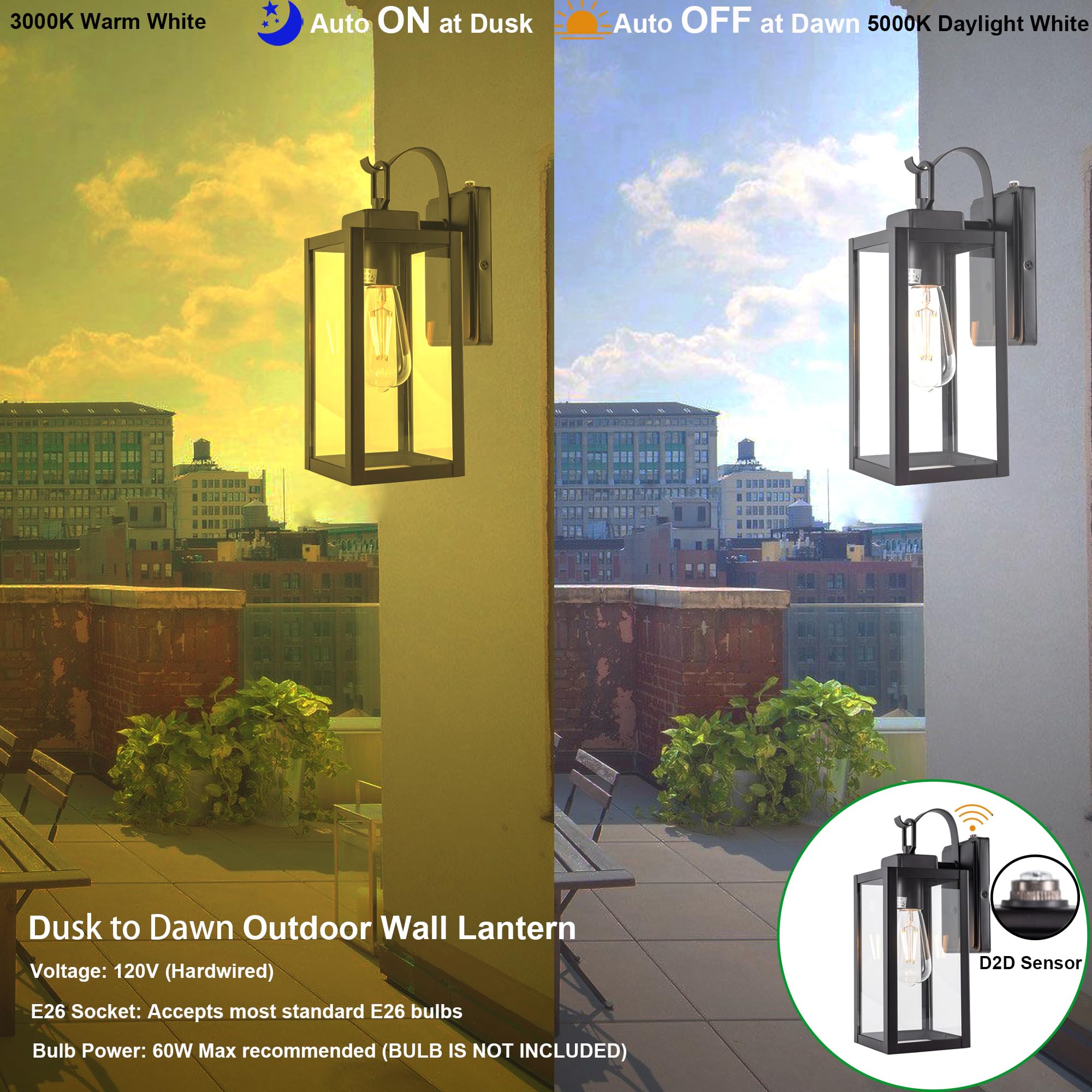 Gruenlich Dusk To Dawn Outdoor Wall Lantern, Wall Sconce For Porch Lighting Fixture, E26 Base Max 60W, Metal Housing Plus Glass,