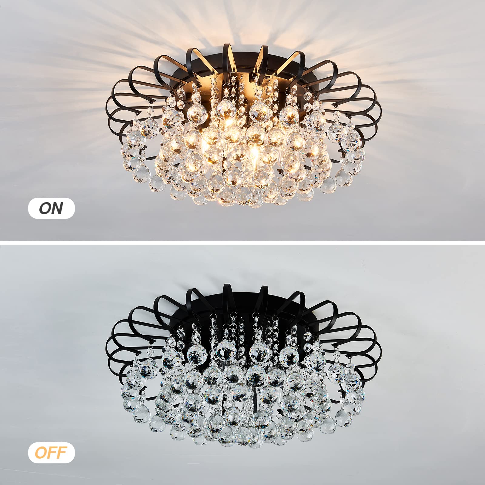 Cvkash Crystal Floral Chandelier 4-Light Antique Modern Black Flush Mount Raindrop Crystal Ceiling Lighting Fixture Chandelier F