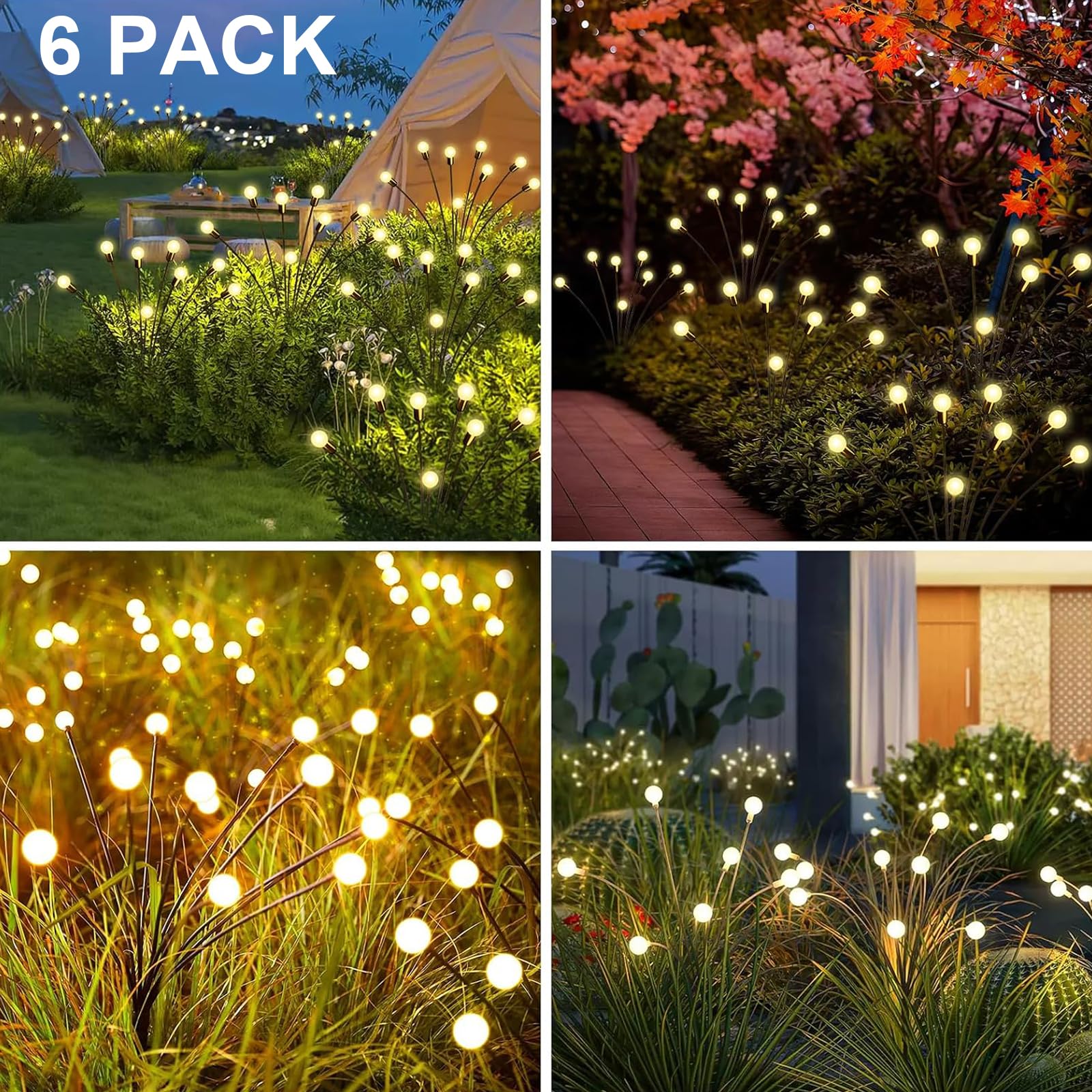 Firefly Lights Solar Outdoor, 6 Pack 48 Led Solar Firefly Lights Outdoor Waterproof Upgraded Solar & Usb Charging, 8 Light Modes Swaying Solar Garden Lights Sway By Wind For Pathway Patio Outside
