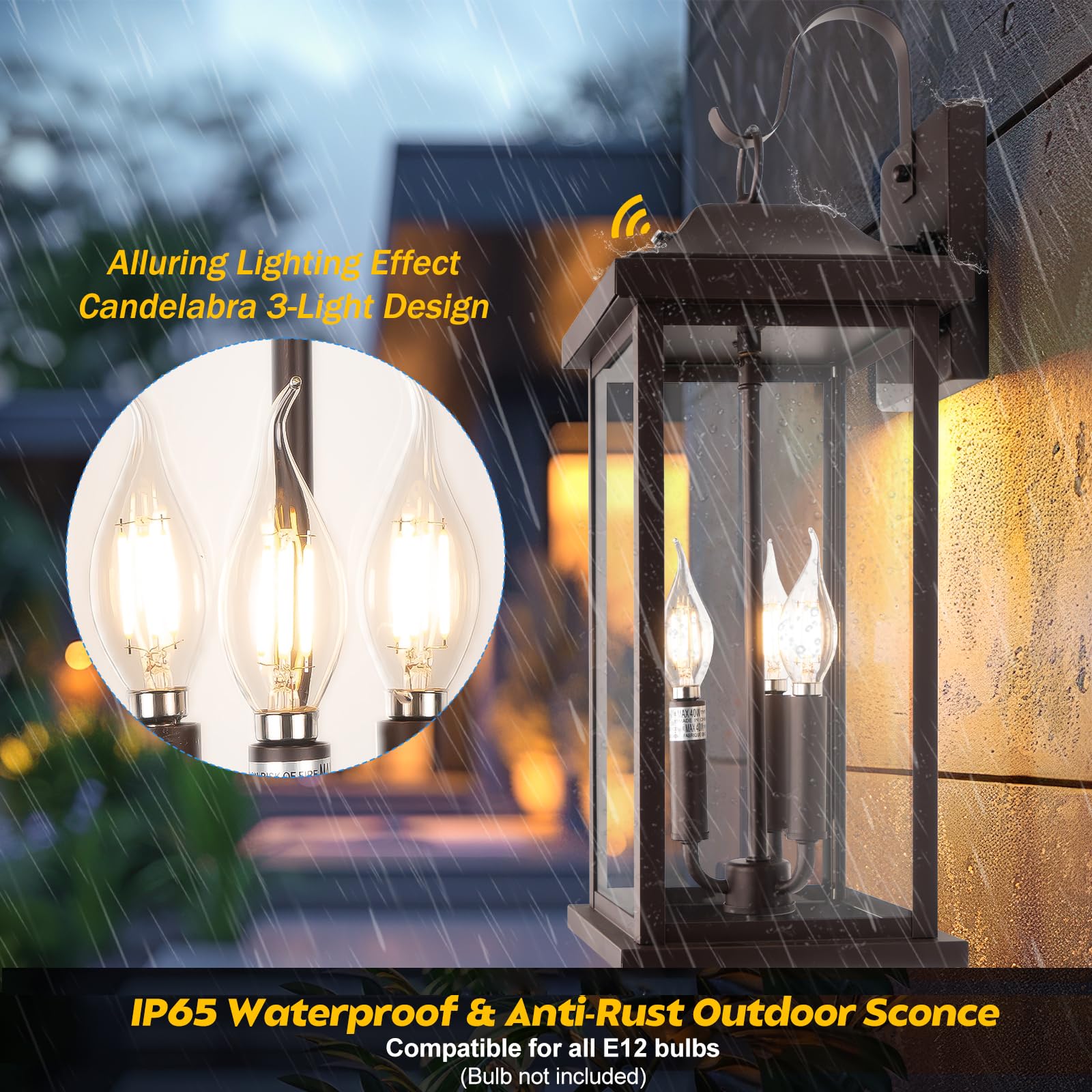 Roravilila 2-Pack Outdoor Light Fixtures, 23” Dusk to Dawn, Oil Rubbed Bronze, 3-Light, Vintage Brown Wall Lanterns, E12