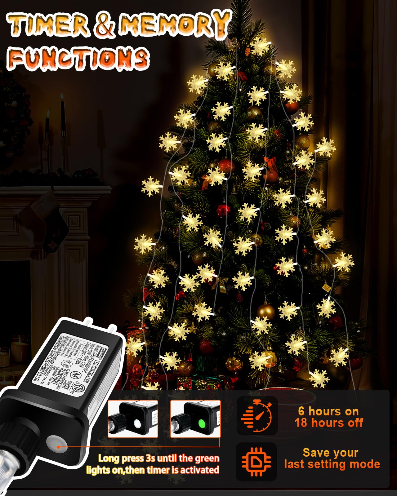 Christmas Snowflake String Lights Outdoor, 100 Led 49Ft Icicle Lights Waterproof With 8 Modes Timer Xmas Decorations, Plug In Fairy Lights For Curtain, Eaves, Window, Tree, Garden, Yard- Warm White